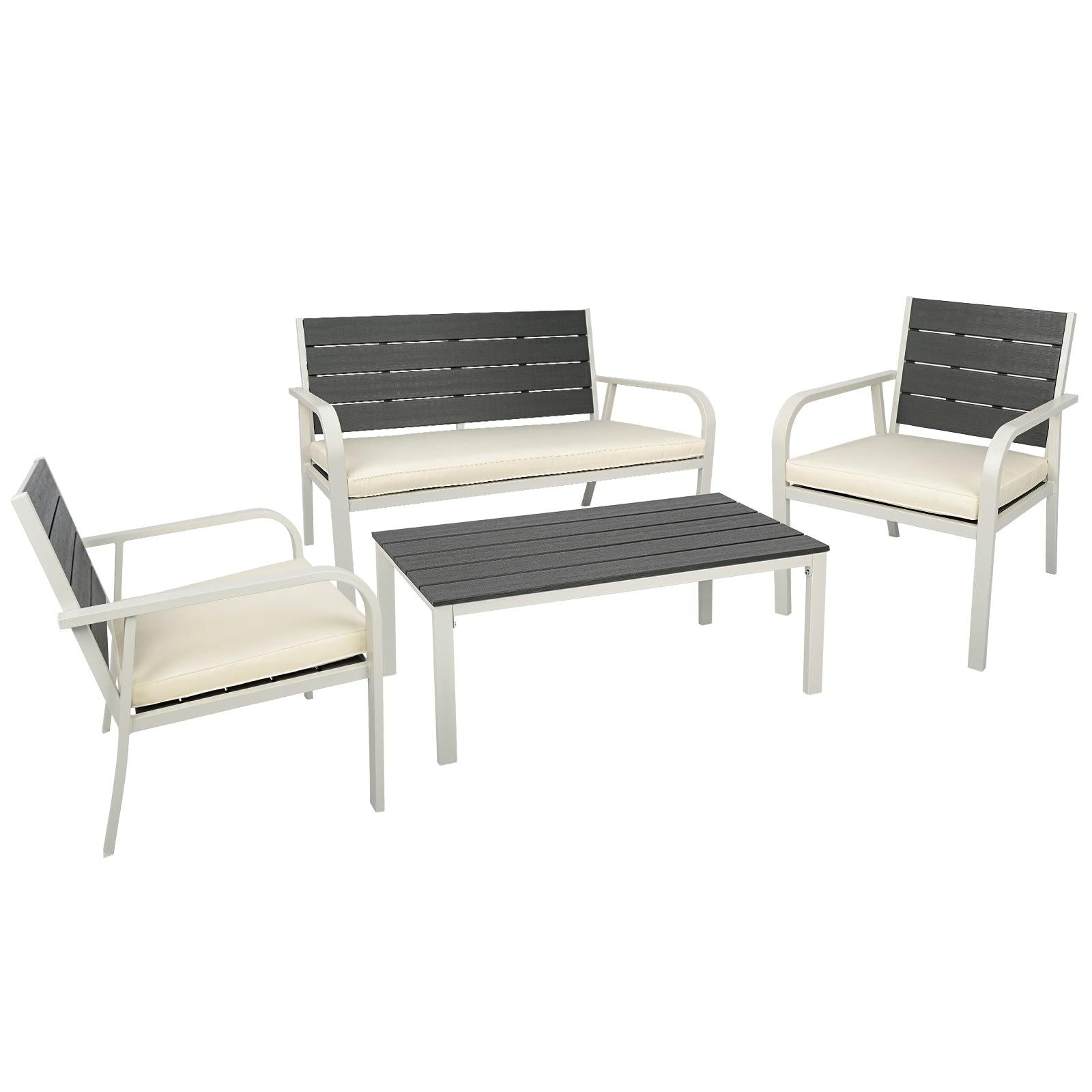 4 PCS Outdoor Patio Conversation Wood Grain Design PE Steel Frame Seating Set - White