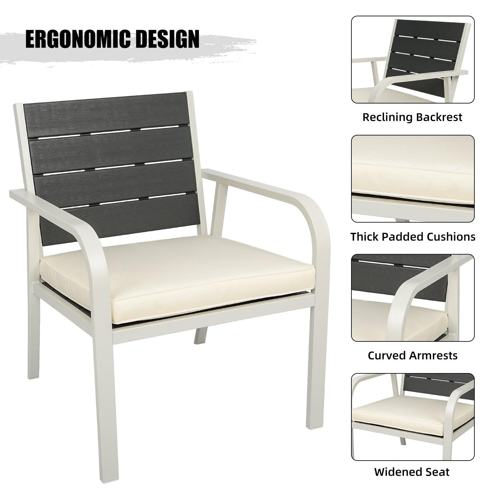 4 PCS Outdoor Patio Conversation Wood Grain Design PE Steel Frame Seating Set - White