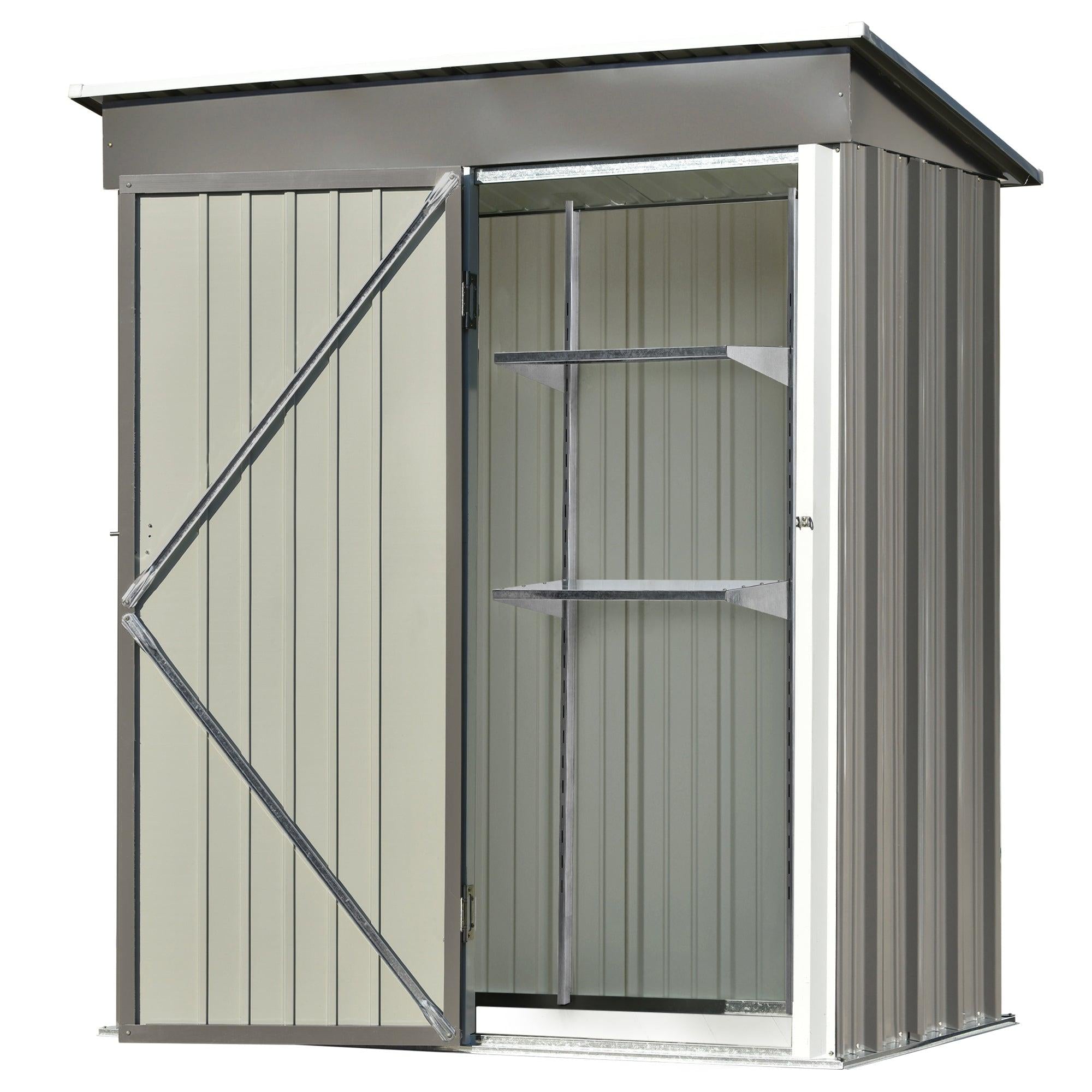 5ft x 3ft Outdoor Garden Metal Lean-to Shed with Metal Adjustable Shelf and Lockable Doors - Gray