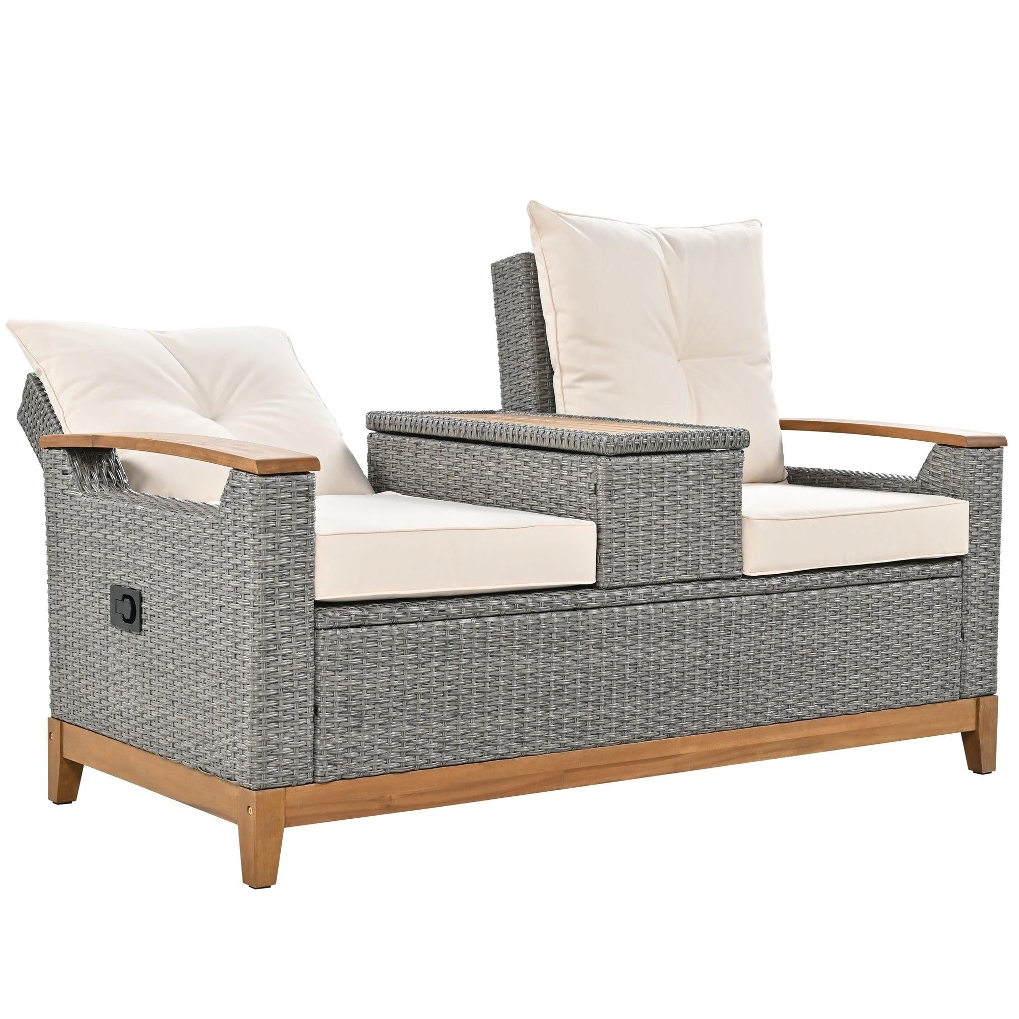 Outdoor Adjustable Rattan Loveseat withStorage Armrest with Beige Cushions