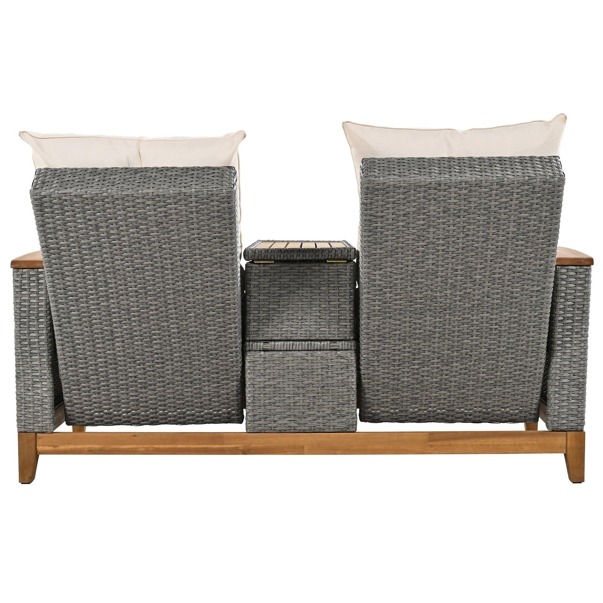 Outdoor Adjustable Rattan Loveseat withStorage Armrest with Beige Cushions