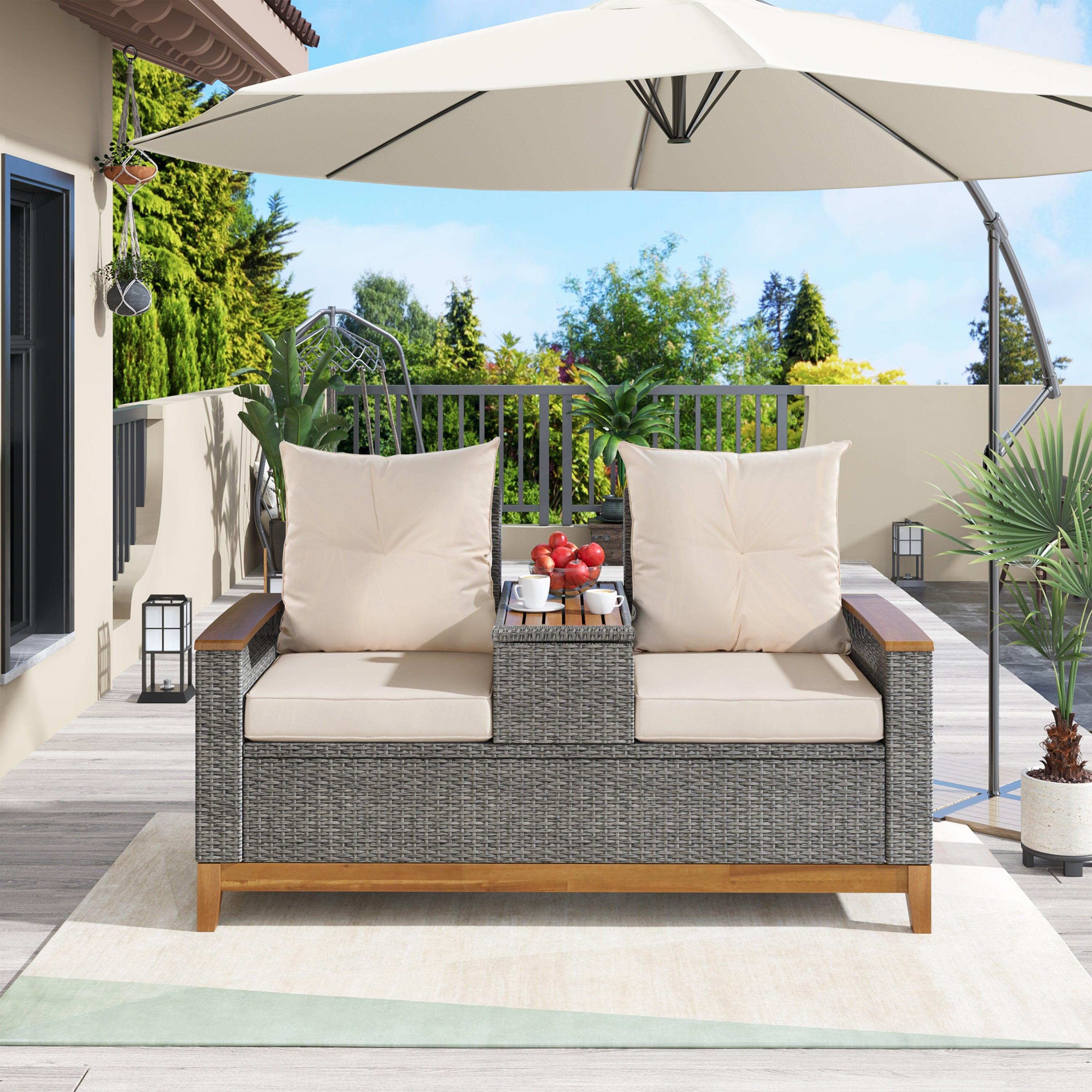 Outdoor Adjustable Rattan Loveseat withStorage Armrest with Beige Cushions