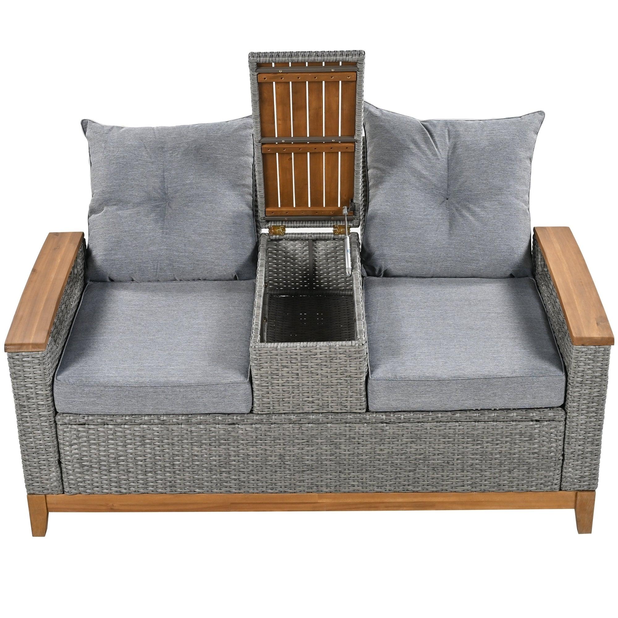 Outdoor Adjustable Rattan Loveseat withStorage Armrest with Gray Cushions