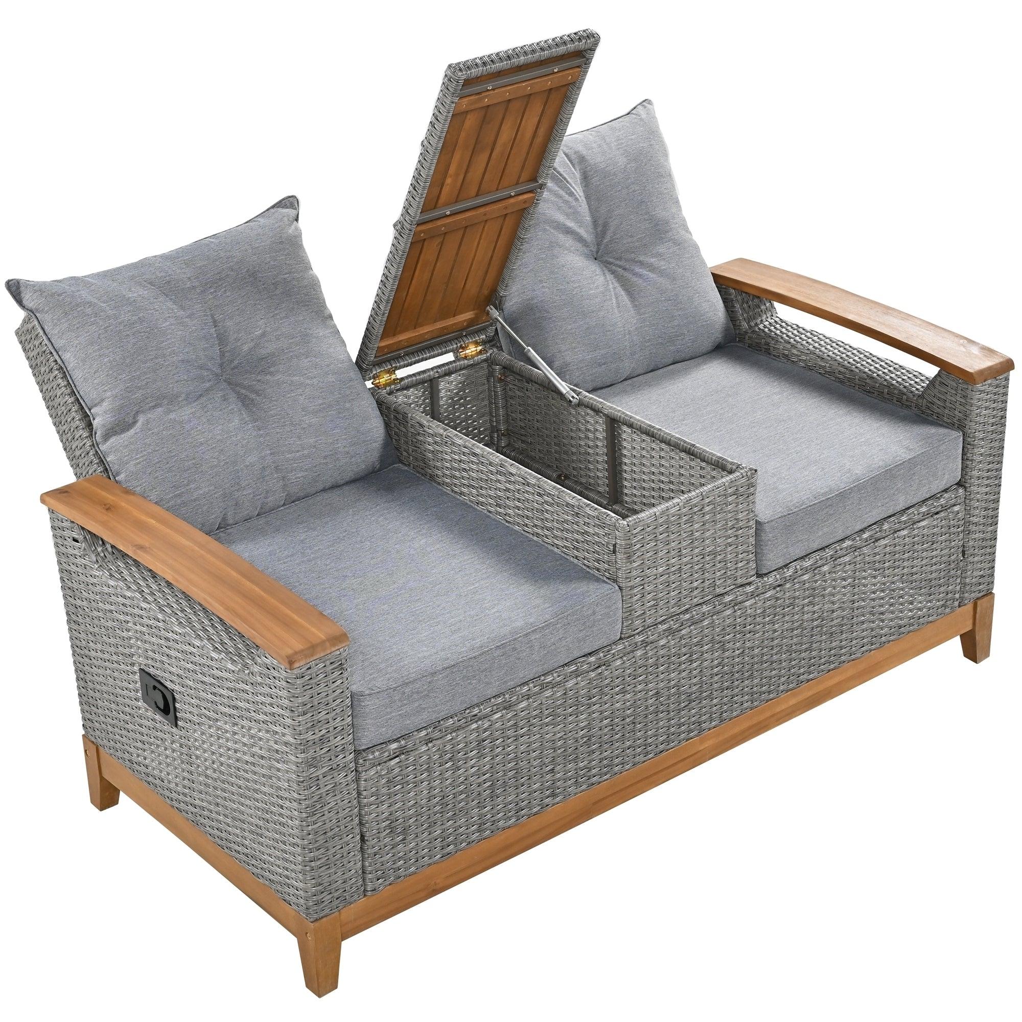 Outdoor Adjustable Rattan Loveseat withStorage Armrest with Gray Cushions