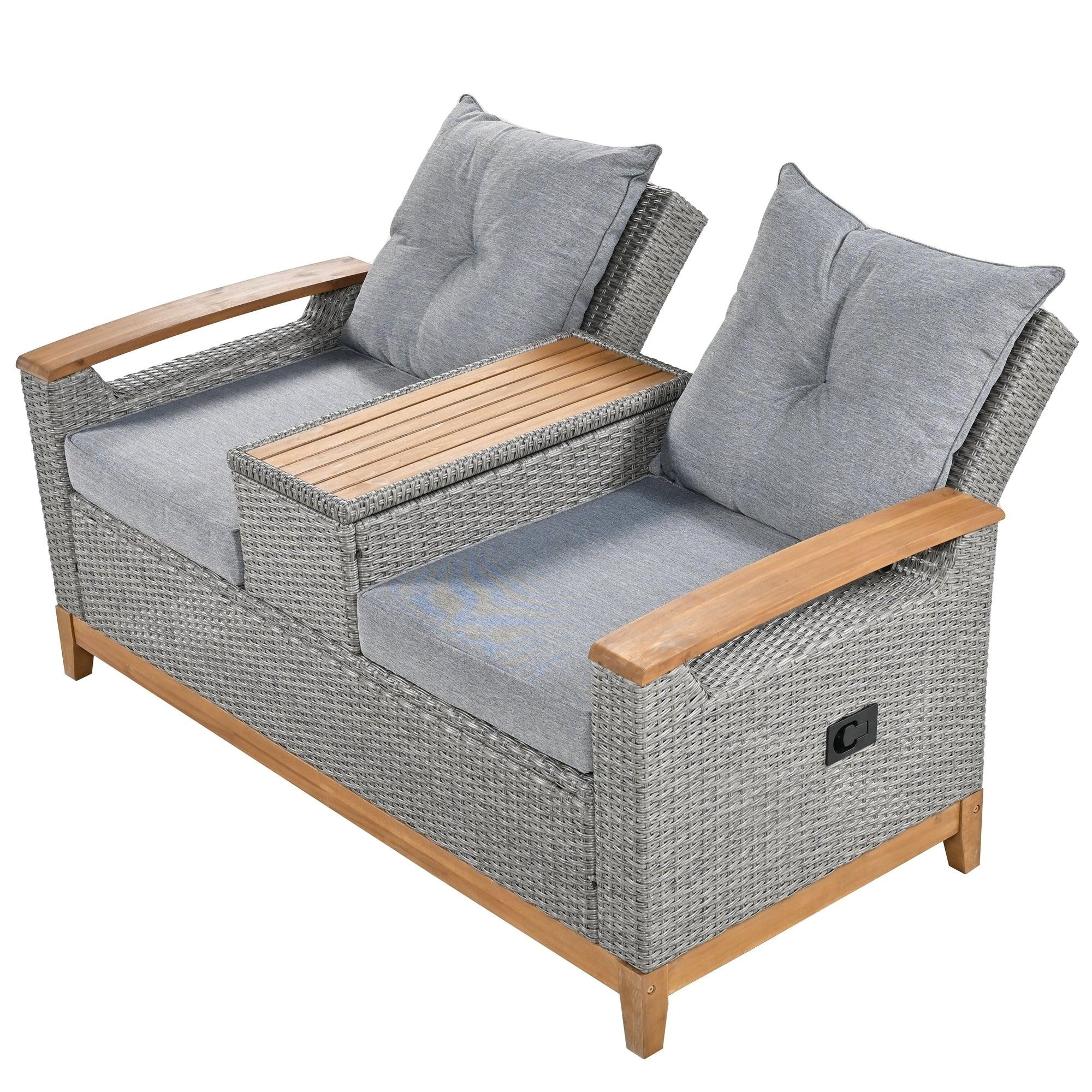 Outdoor Adjustable Rattan Loveseat withStorage Armrest with Gray Cushions