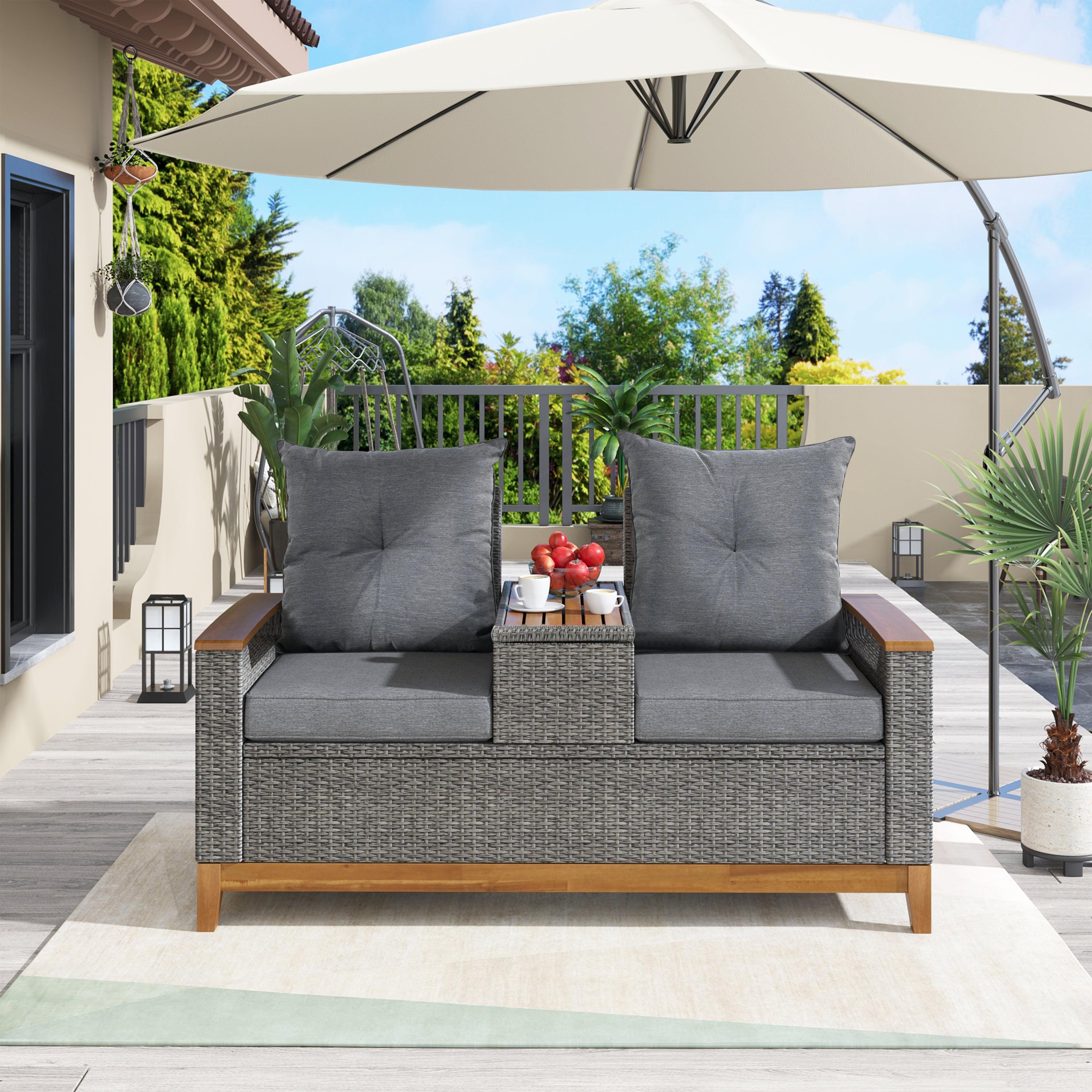 Outdoor Adjustable Rattan Loveseat withStorage Armrest with Gray Cushions