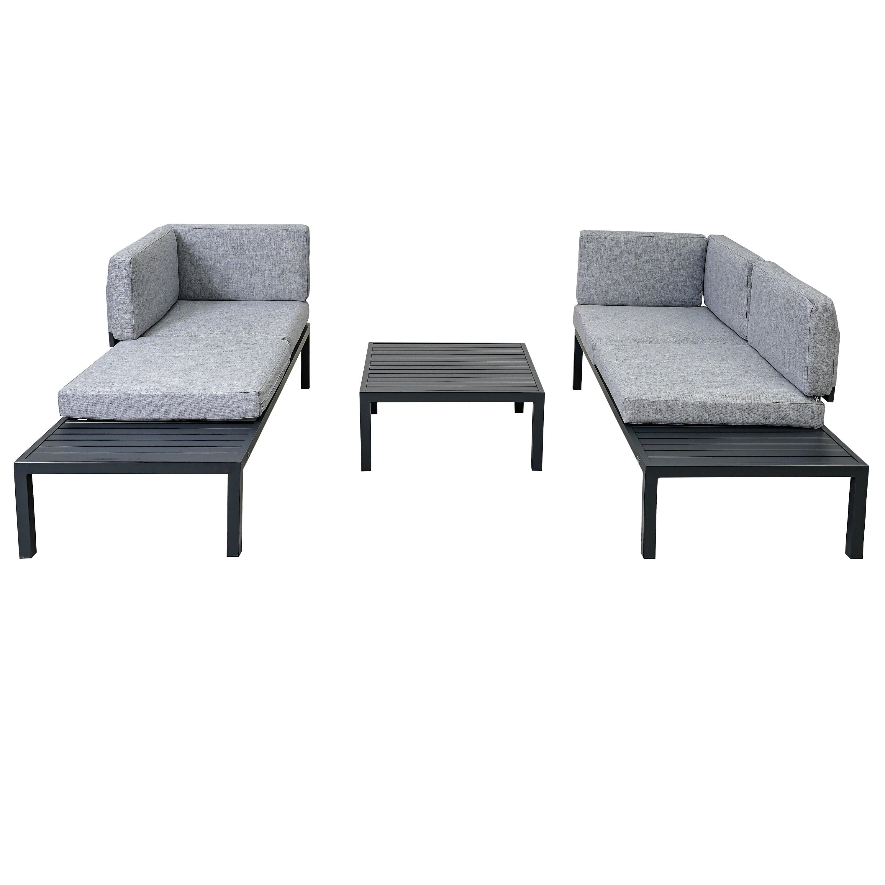 3 PCS Outdoor Aluminum Alloy Sectional Sofa Set with End Table, Coffee Table, and Gray Cushion