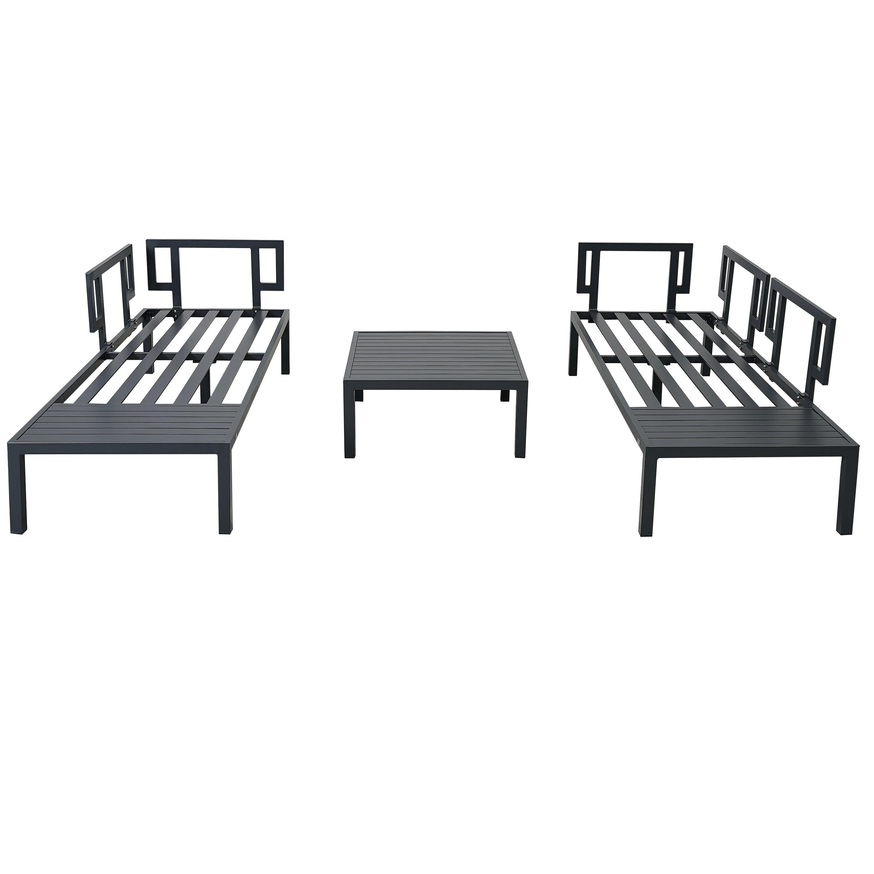 3 PCS Outdoor Aluminum Alloy Sectional Sofa Set with End Table, Coffee Table, and Gray Cushion