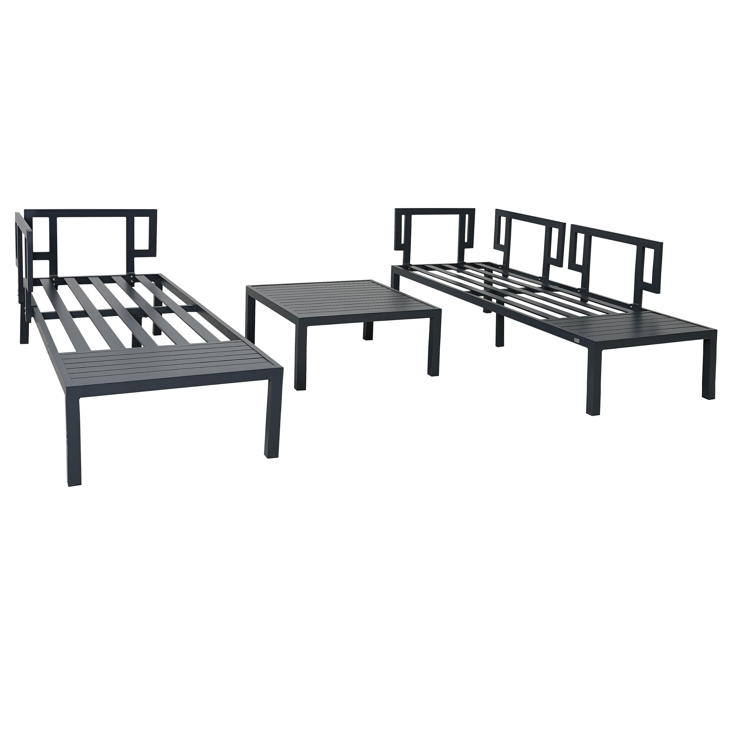 3 PCS Outdoor Aluminum Alloy Sectional Sofa Set with End Table, Coffee Table, and Gray Cushion