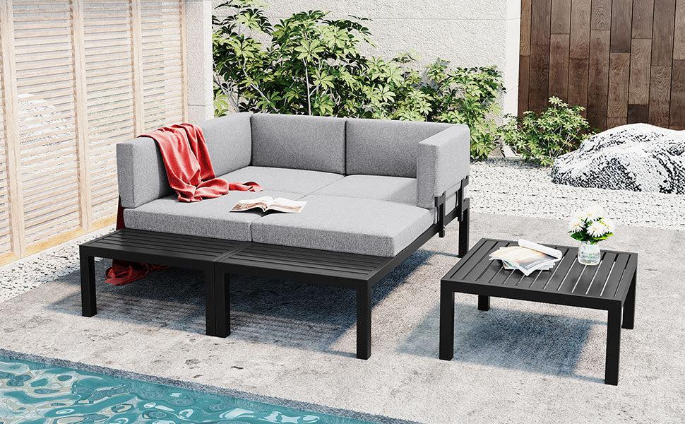 3 PCS Outdoor Aluminum Alloy Sectional Sofa Set with End Table, Coffee Table, and Gray Cushion