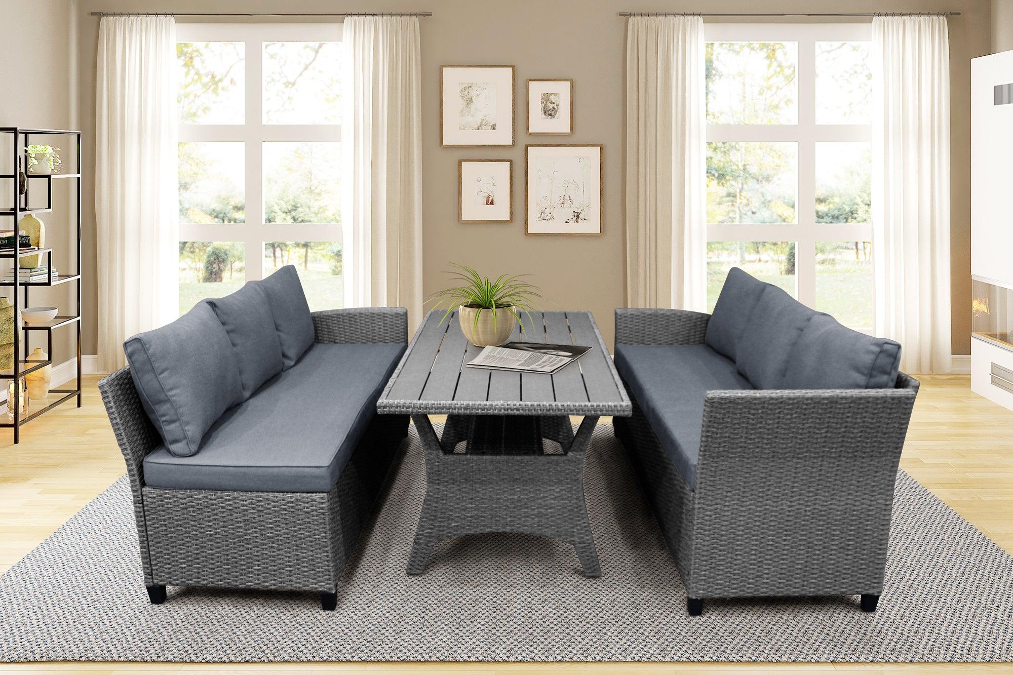 Outdoor Patio Furniture PE Rattan Wicker  Sectional Sofa Set with Table and Gray Cushions