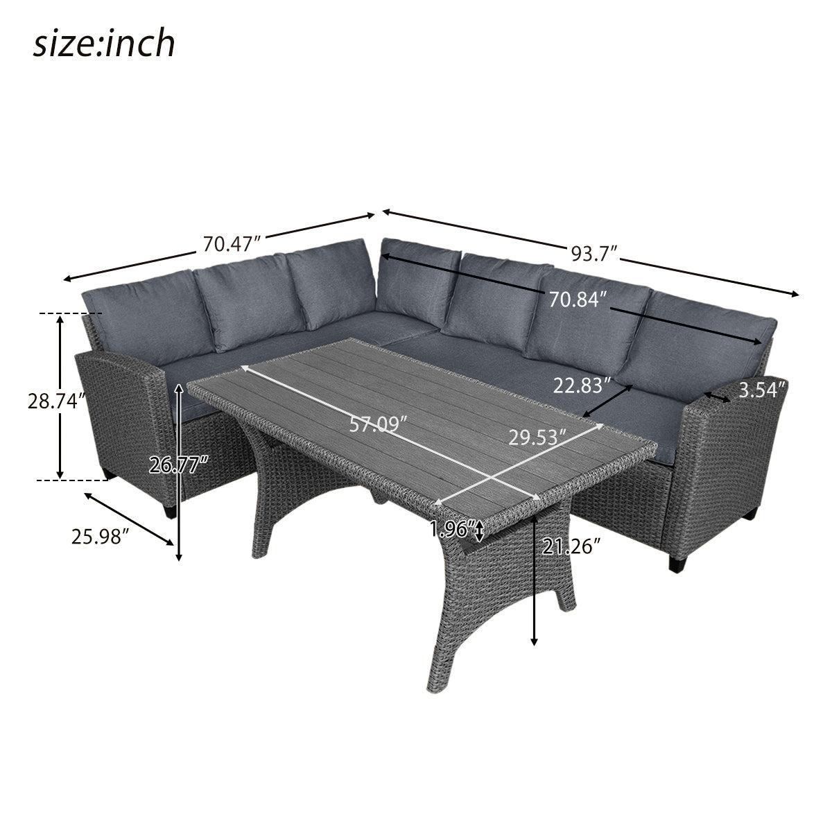 Outdoor Patio Furniture PE Rattan Wicker  Sectional Sofa Set with Table and Gray Cushions