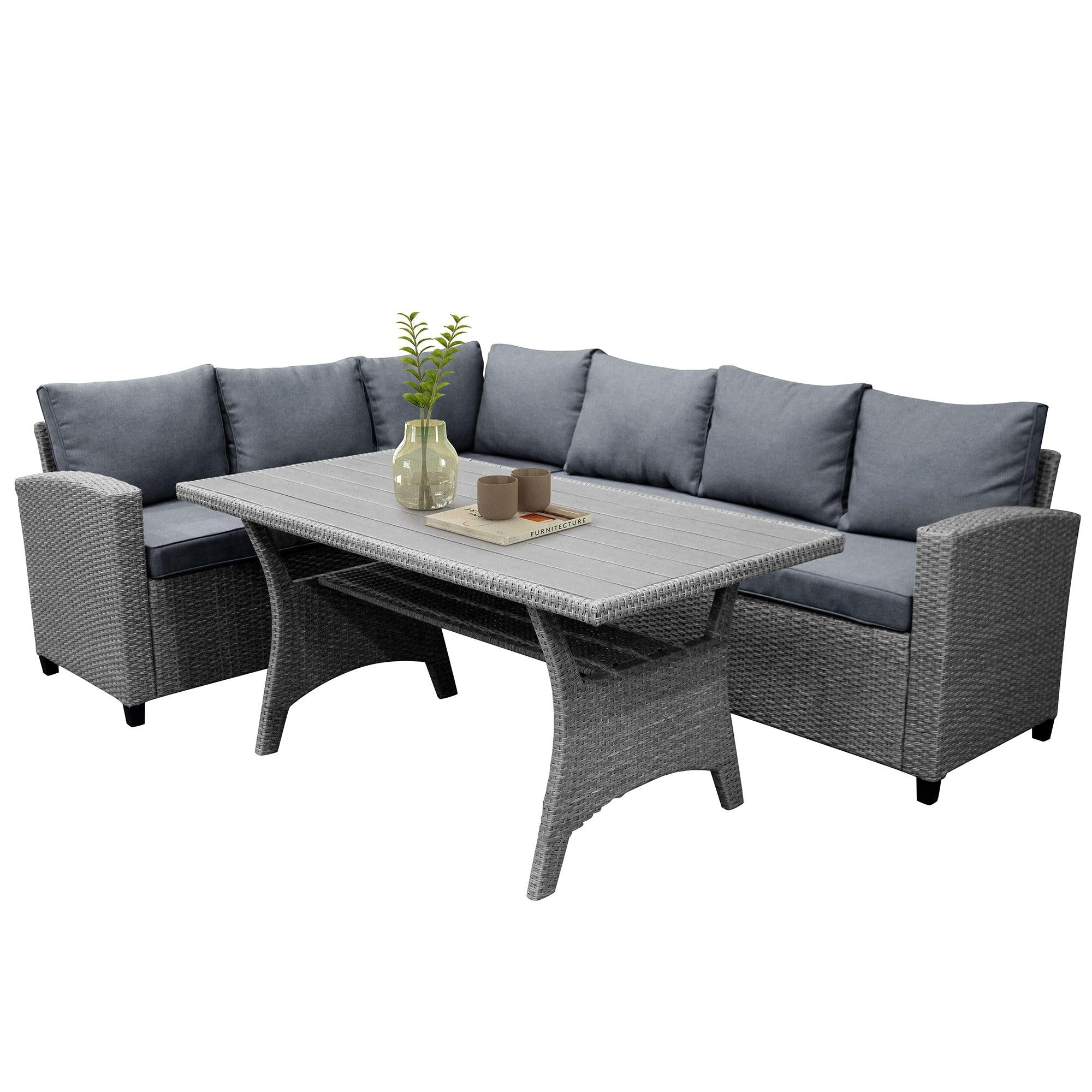 Outdoor Patio Furniture PE Rattan Wicker  Sectional Sofa Set with Table and Gray Cushions