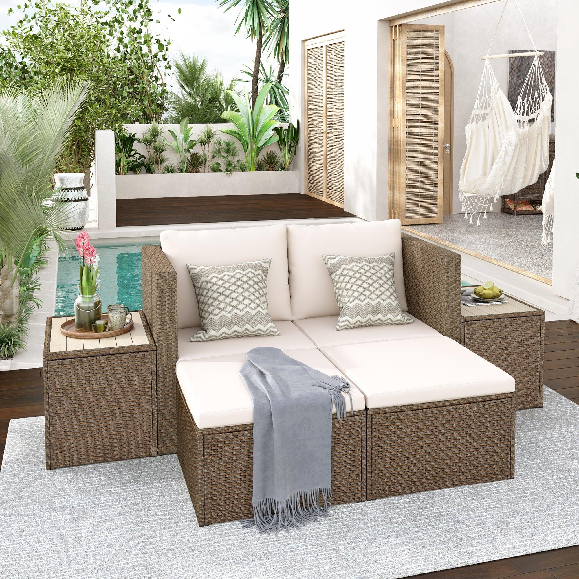 6 PCS Outdoor Garden PE Wicker Rattan Sectional Sofa Set with 2 Tea Tables and Beige Cushion