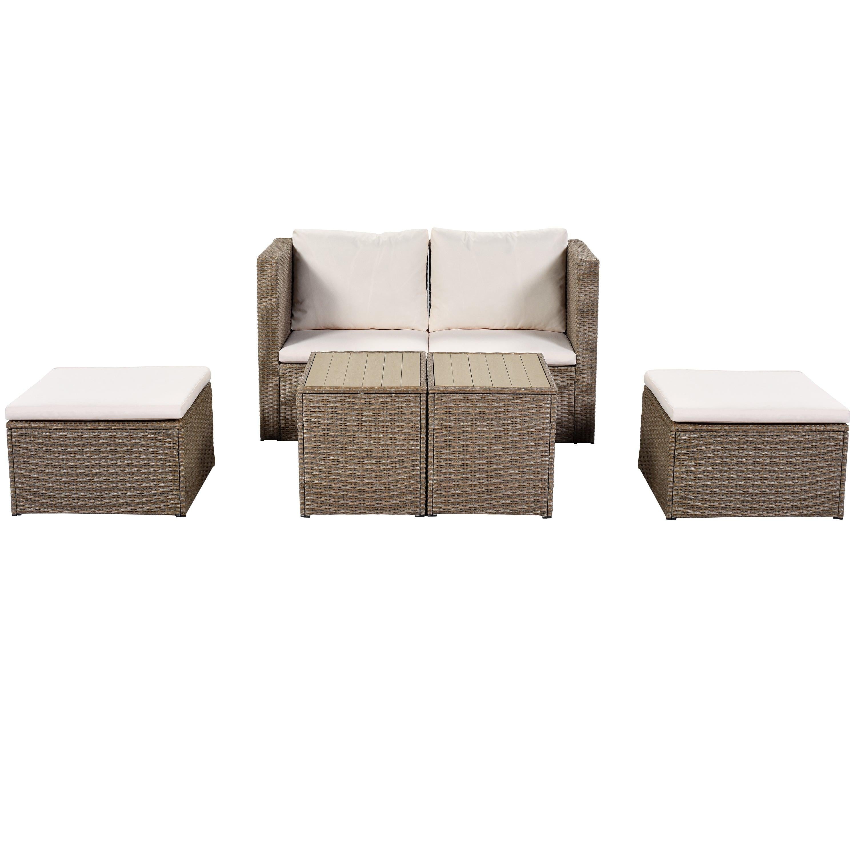 6 PCS Outdoor Garden PE Wicker Rattan Sectional Sofa Set with 2 Tea Tables and Beige Cushion