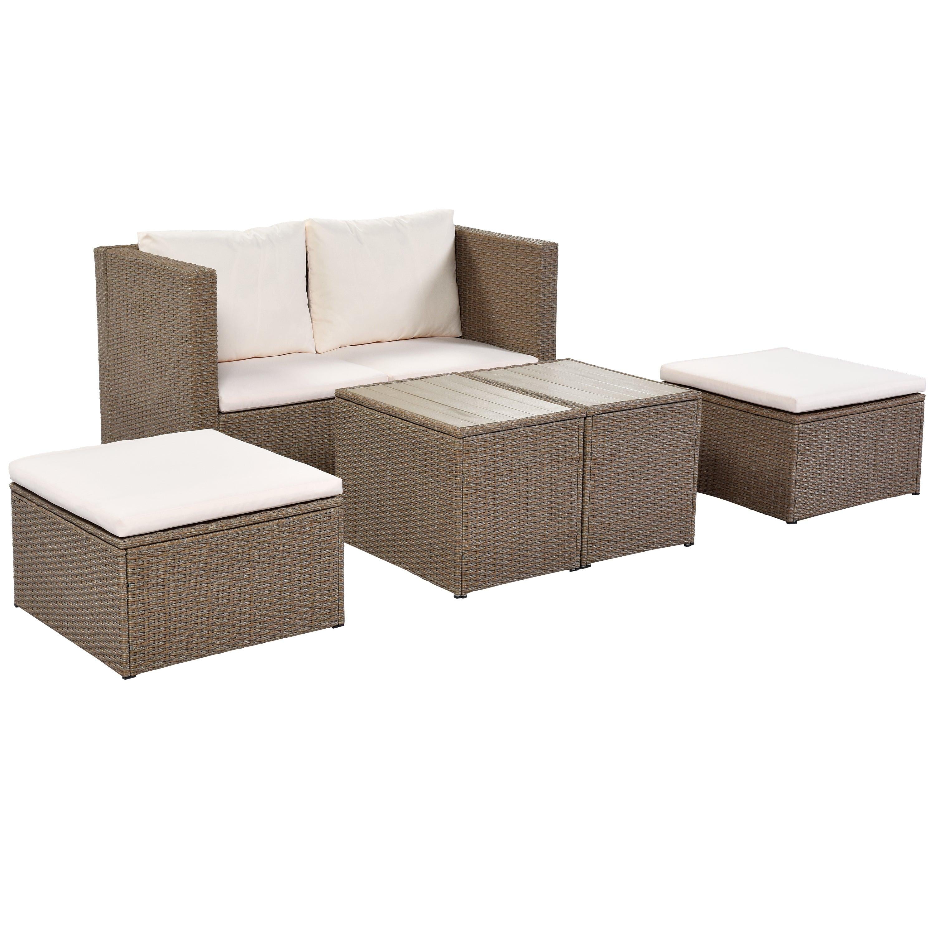 6 PCS Outdoor Garden PE Wicker Rattan Sectional Sofa Set with 2 Tea Tables and Beige Cushion