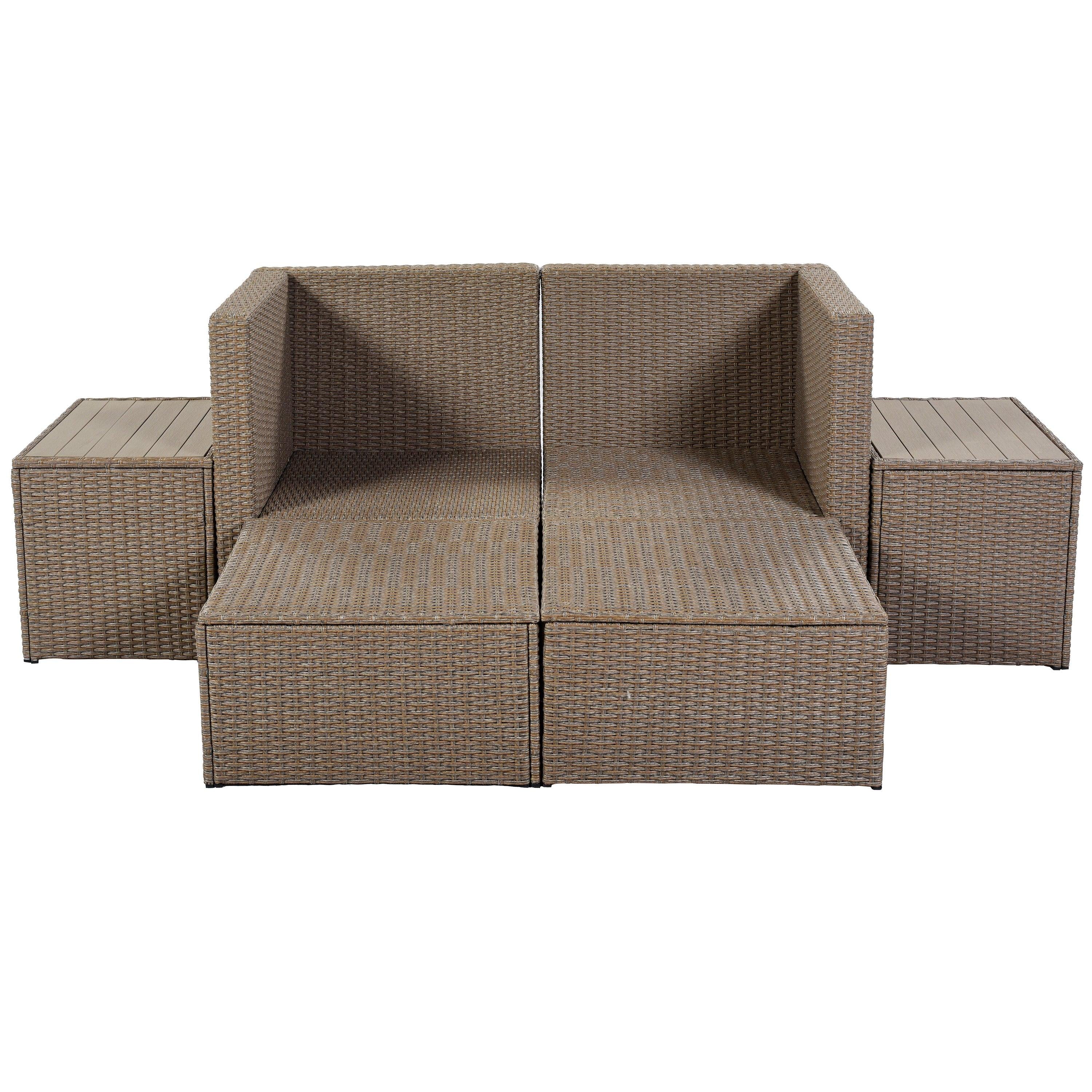 6 PCS Outdoor Garden PE Wicker Rattan Sectional Sofa Set with 2 Tea Tables and Beige Cushion