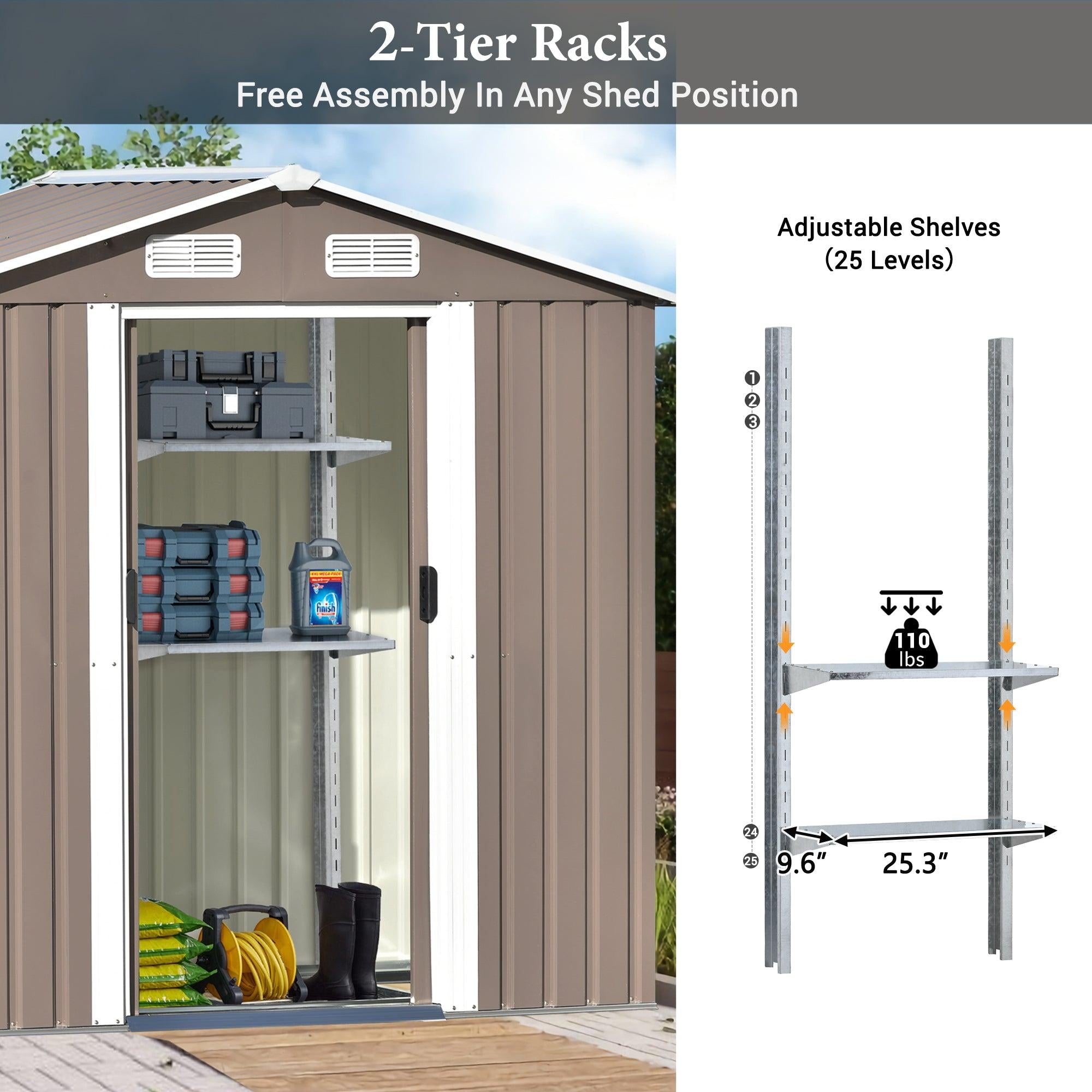 6ft x 4ft Outdoor Garden Shed with Metal Adjustable Shelf and Lockable Doors - Brown