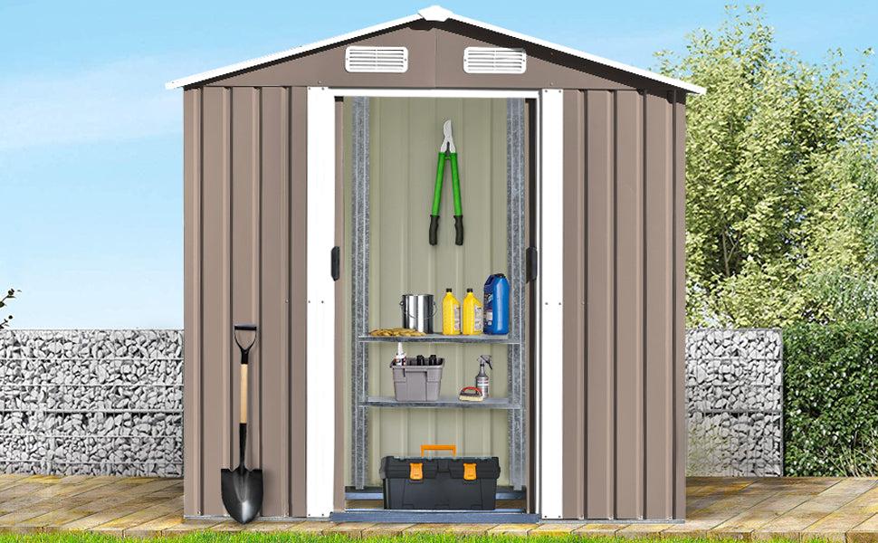 6ft x 4ft Outdoor Garden Shed with Metal Adjustable Shelf and Lockable Doors - Brown