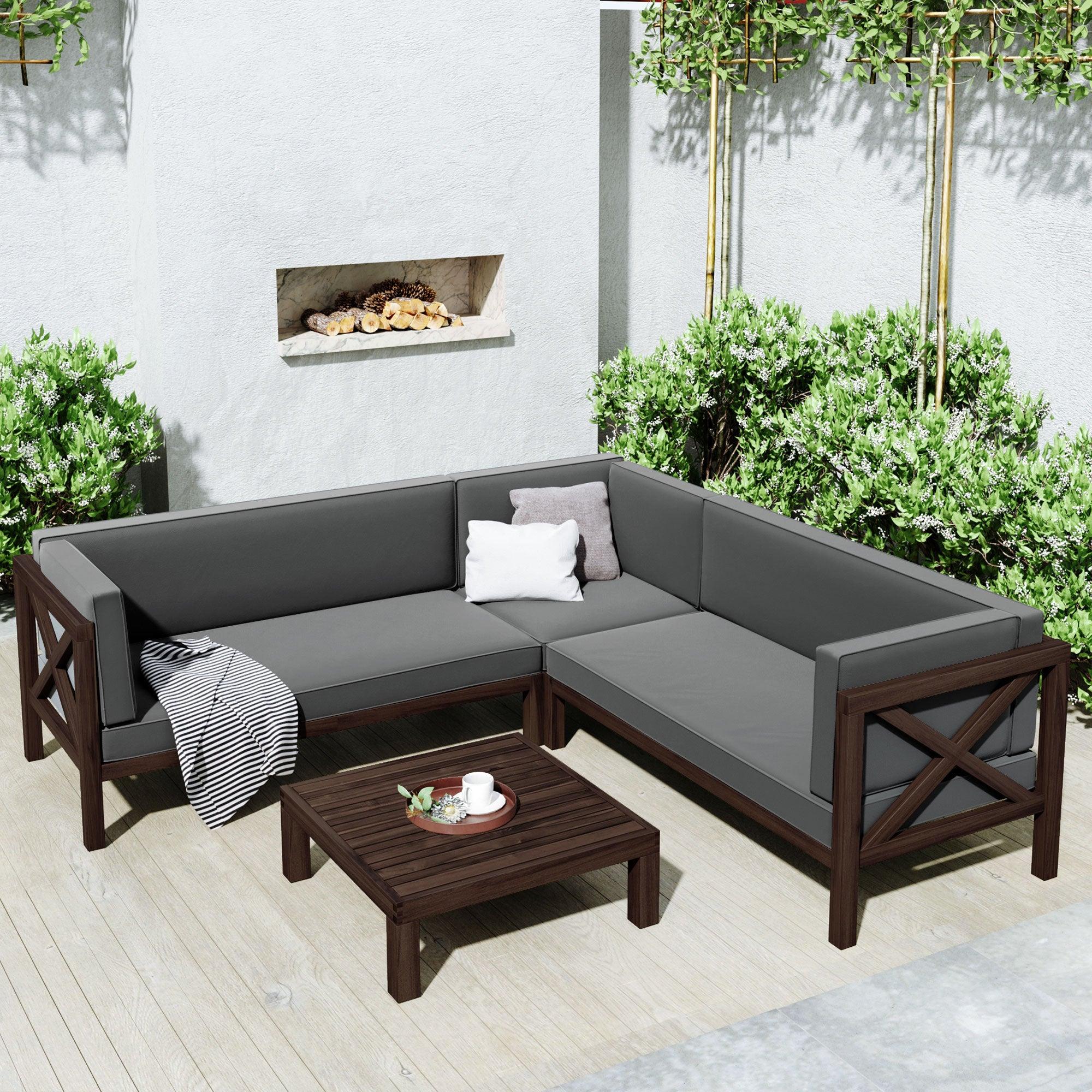 4 PCS Outdoor Patio Backyard Wood Seating Group with X-Back Sectional, Tea Table, and Gray Cushions