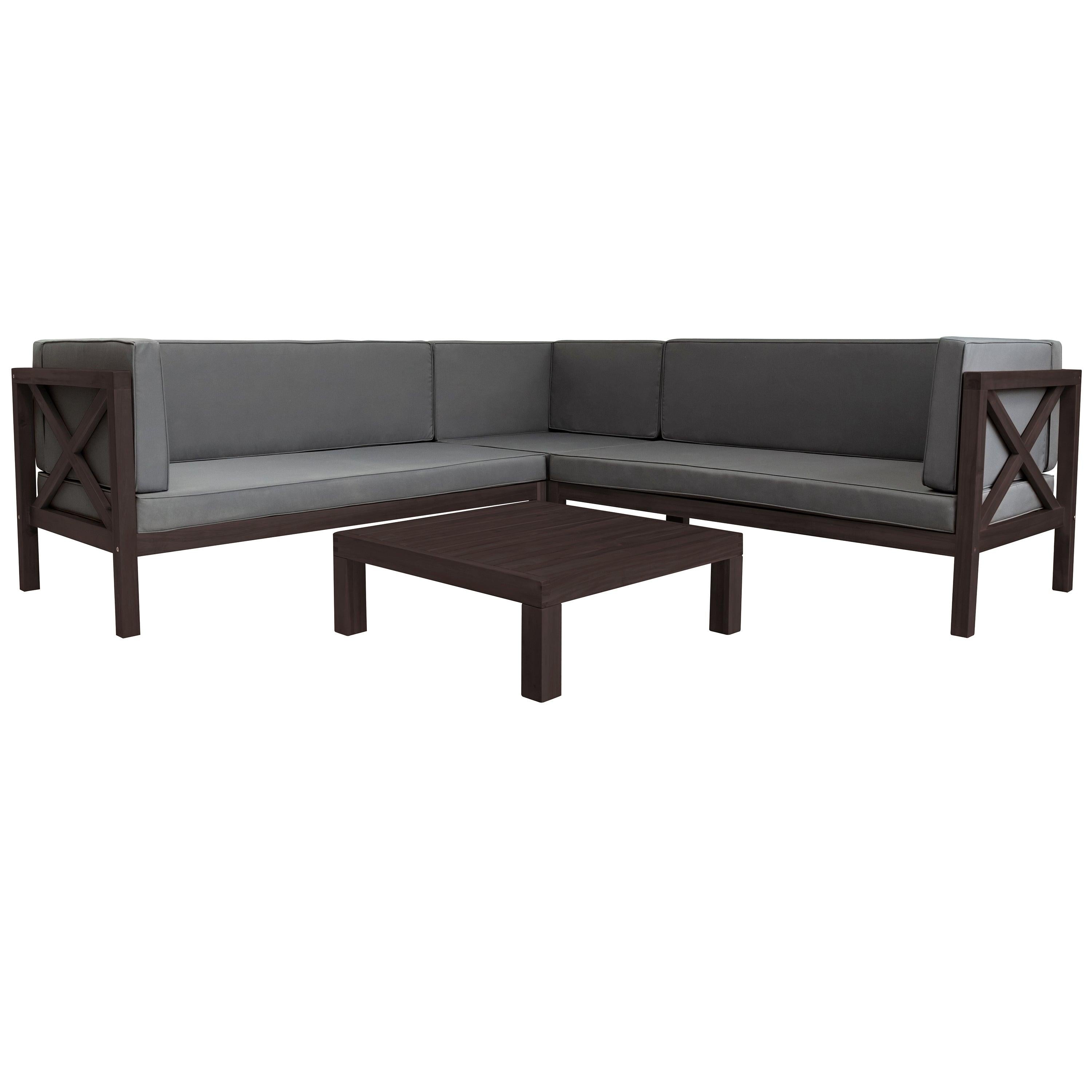 4 PCS Outdoor Patio Backyard Wood Seating Group with X-Back Sectional, Tea Table, and Gray Cushions