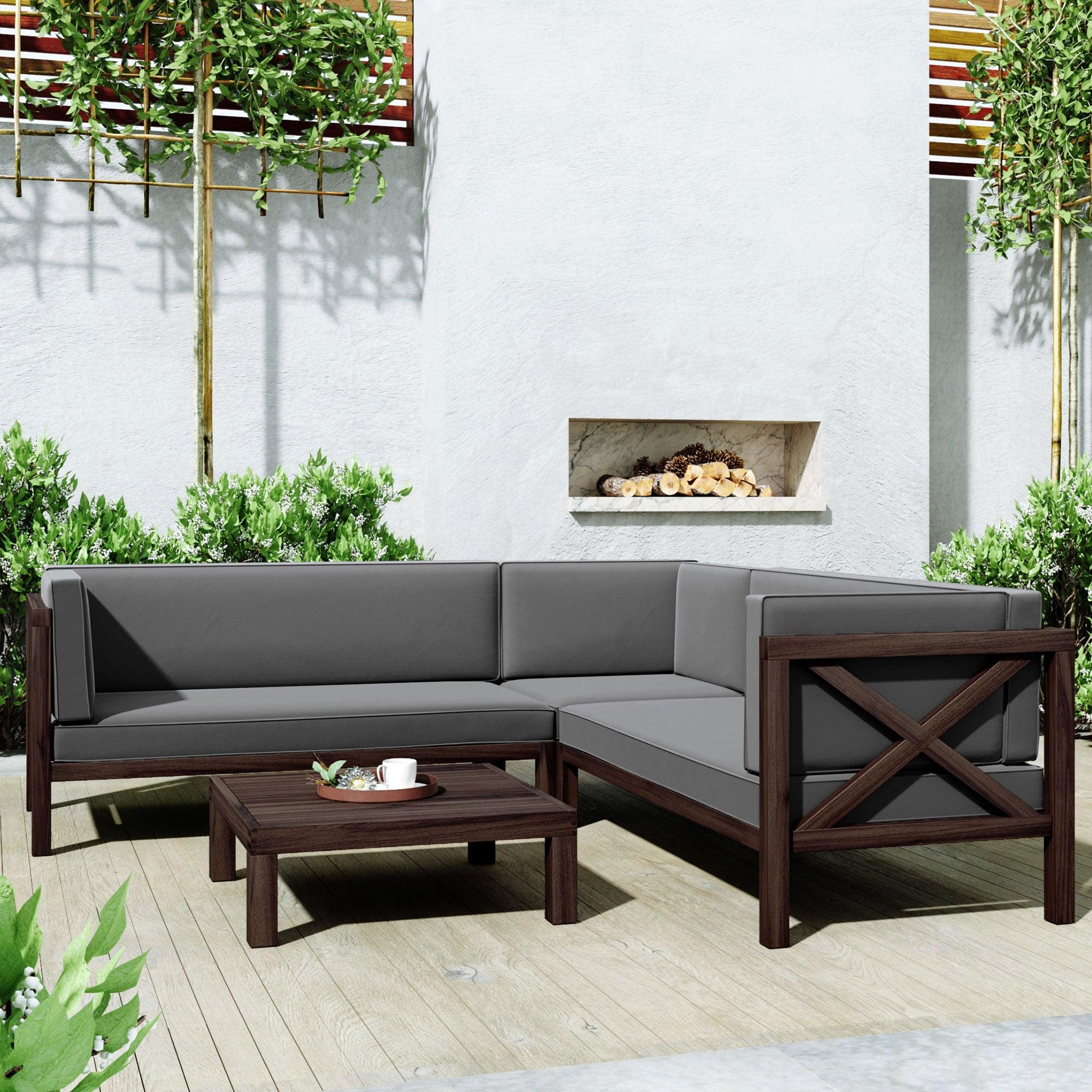 4 PCS Outdoor Patio Backyard Wood Seating Group with X-Back Sectional, Tea Table, and Gray Cushions