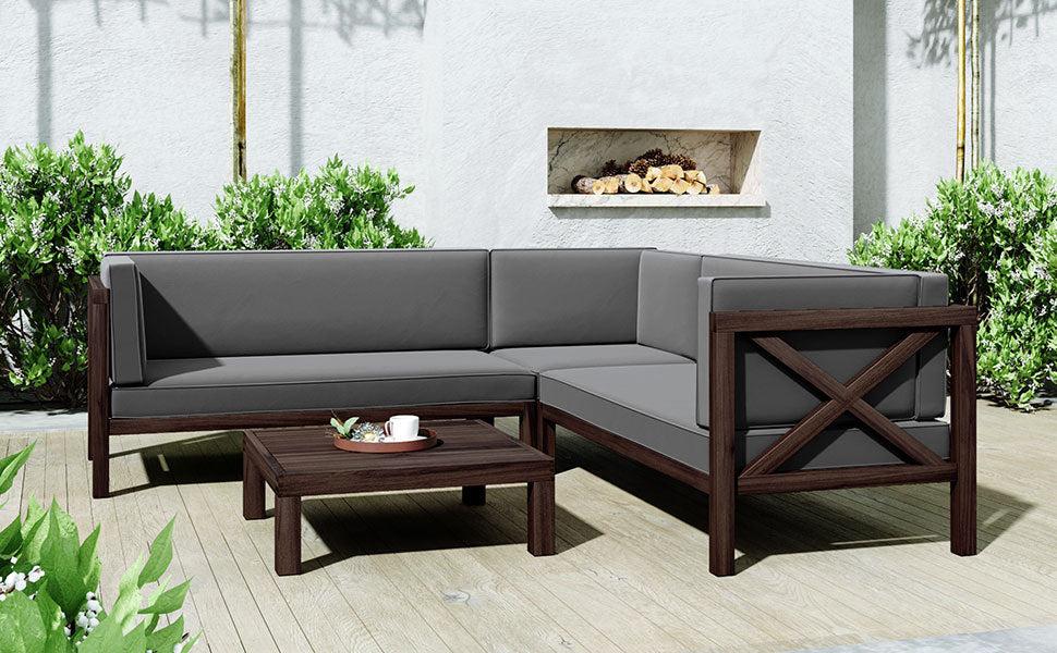 4 PCS Outdoor Patio Backyard Wood Seating Group with X-Back Sectional, Tea Table, and Gray Cushions