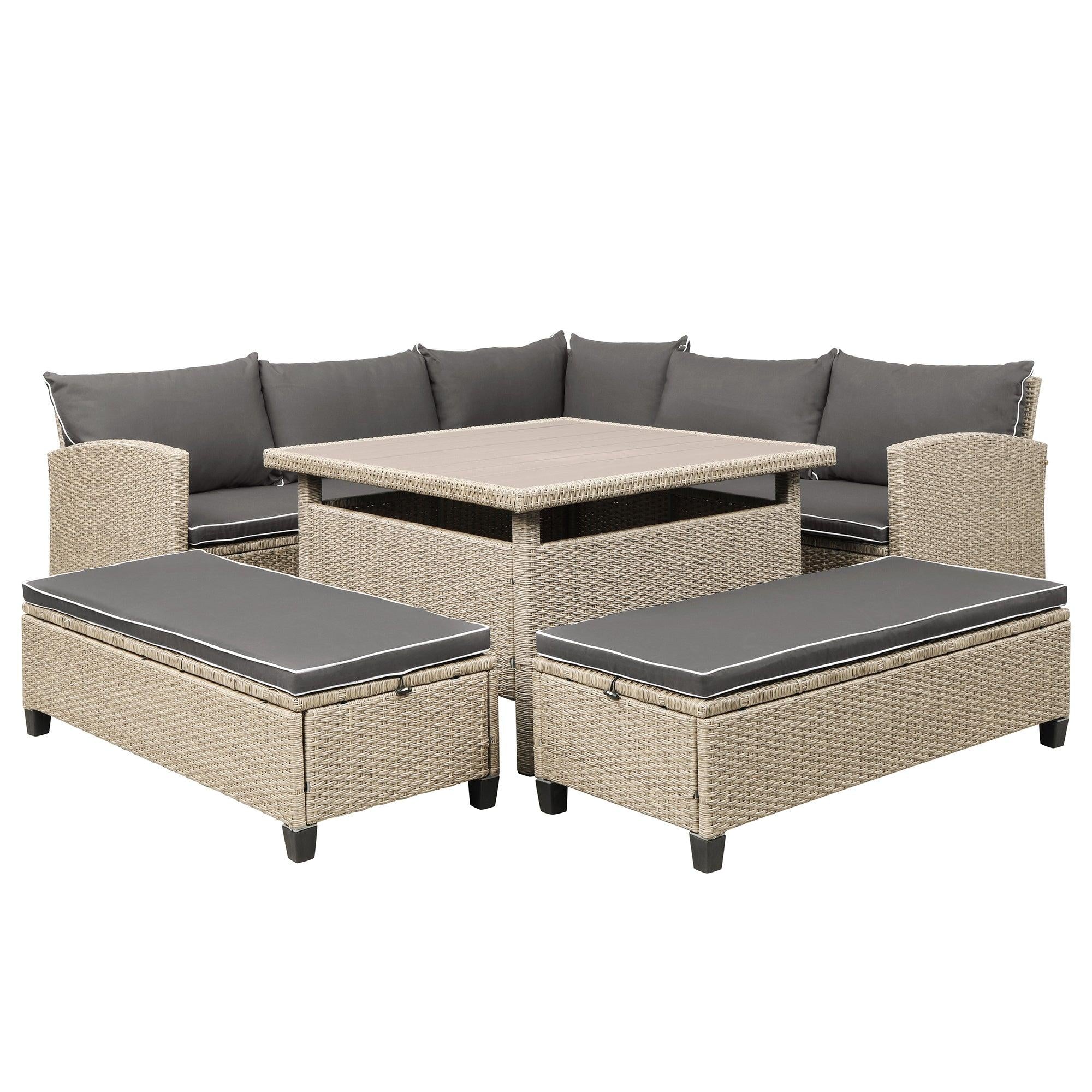 6 PCS Patio Furniture Set Outdoor Wicker Rattan Sectional Sofa with Table and Benches for Backyard, Garden, Poolside