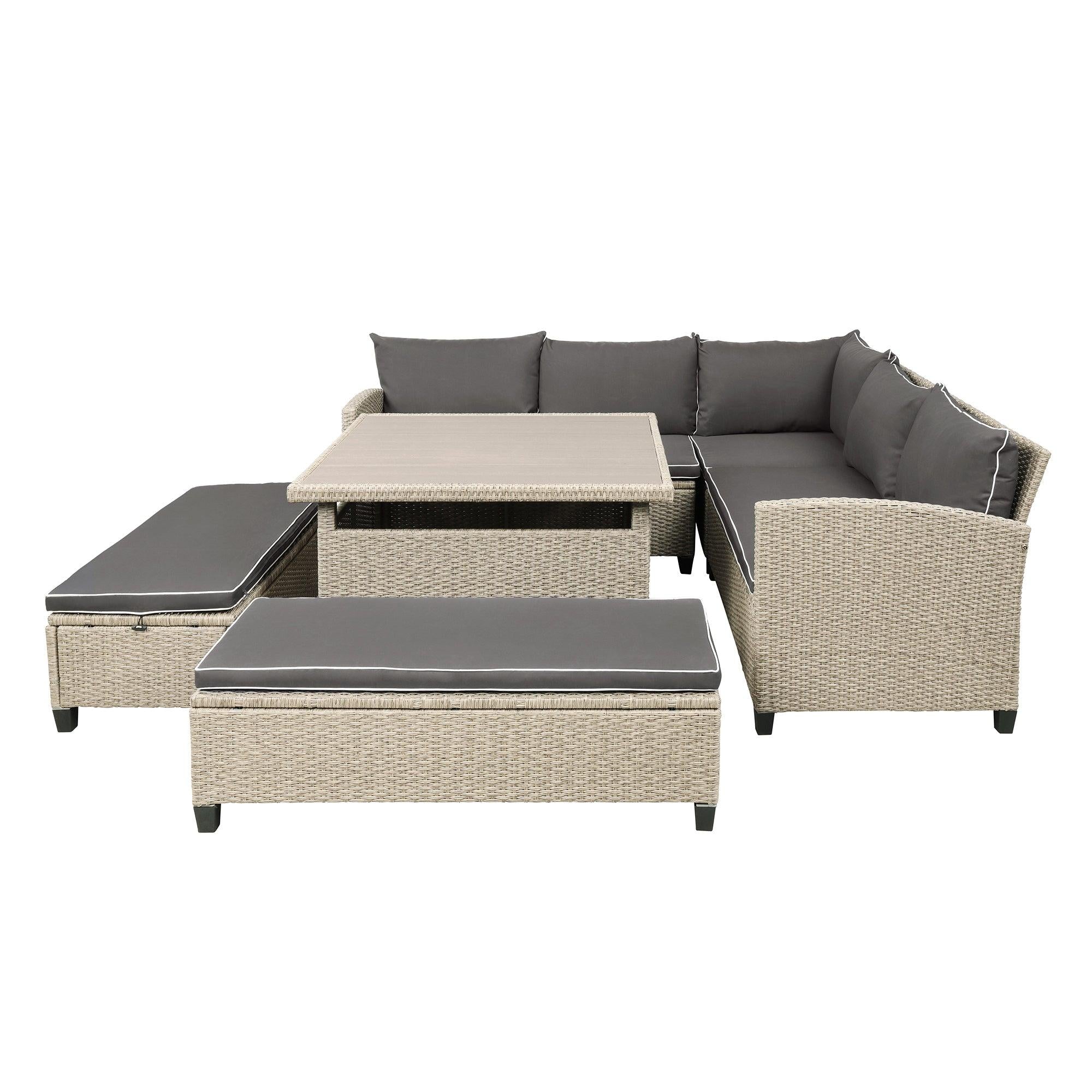 6 PCS Patio Furniture Set Outdoor Wicker Rattan Sectional Sofa with Table and Benches for Backyard, Garden, Poolside