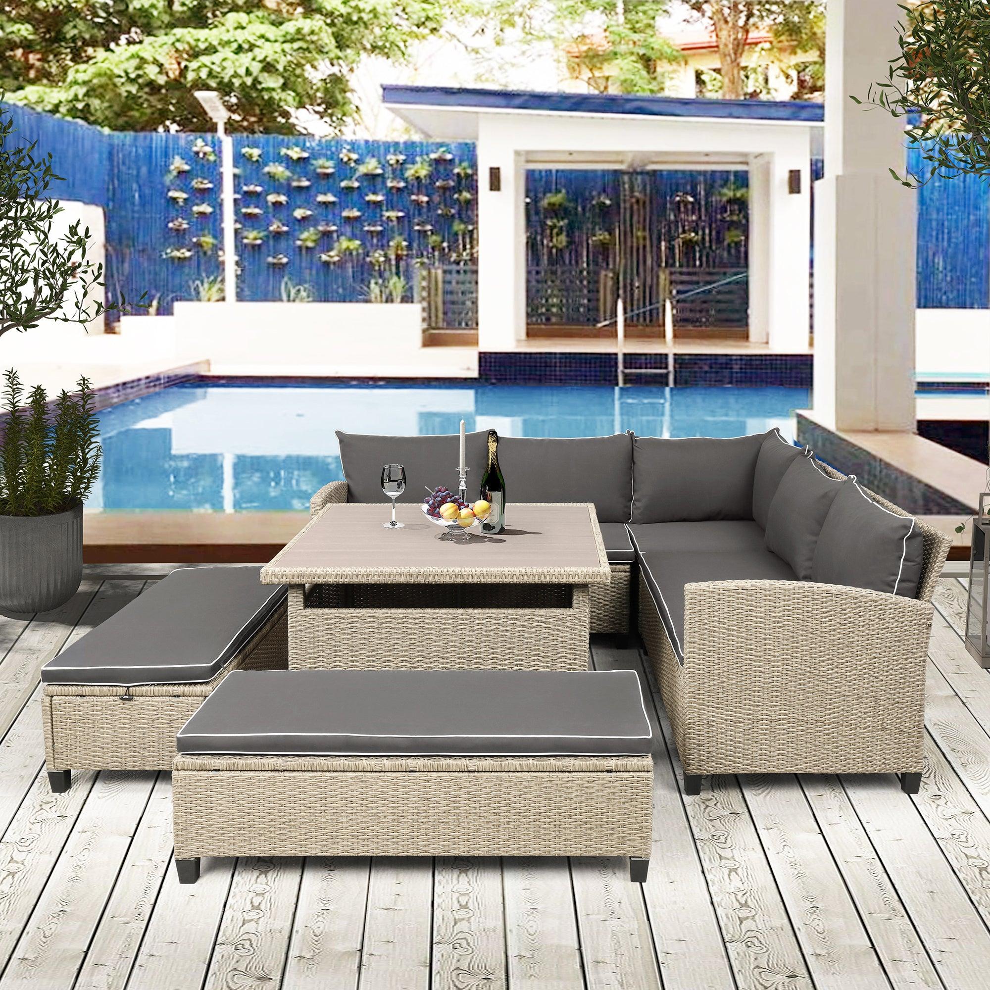 6 PCS Patio Furniture Set Outdoor Wicker Rattan Sectional Sofa with Table and Benches for Backyard, Garden, Poolside