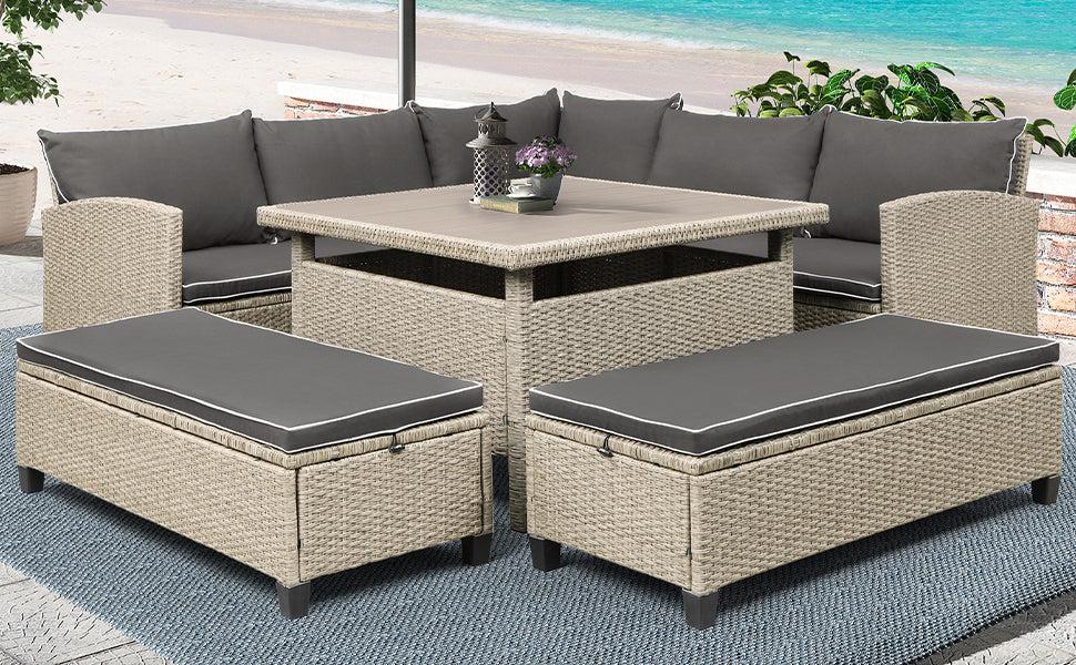 6 PCS Patio Furniture Set Outdoor Wicker Rattan Sectional Sofa with Table and Benches for Backyard, Garden, Poolside