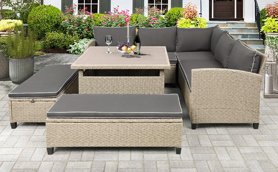 6 PCS Patio Furniture Set Outdoor Wicker Rattan Sectional Sofa with Table and Benches for Backyard, Garden, Poolside