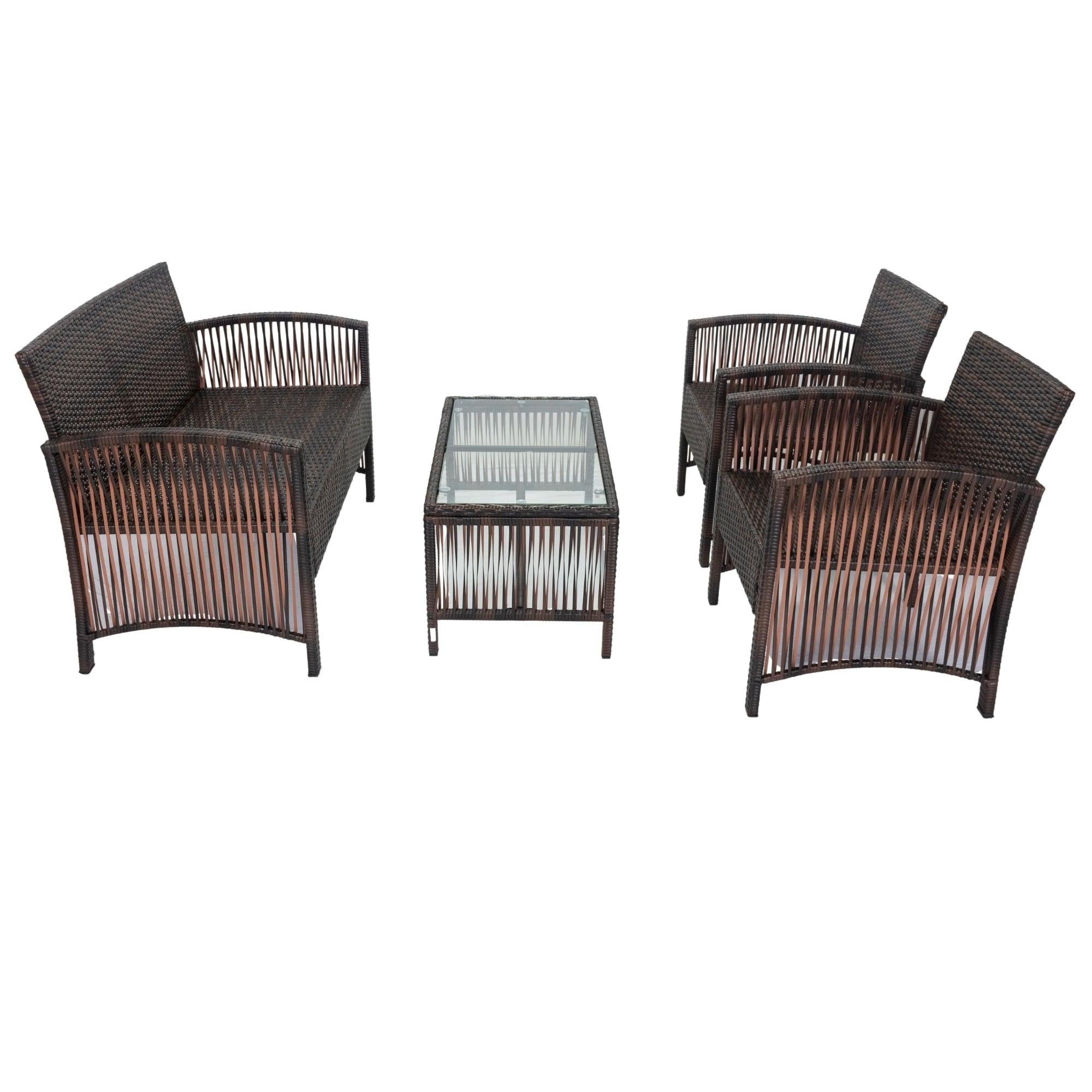 4 PCS Outdoor Patio Furniture Ratten Wicker Seating Group with Loveseat, Two Chairs, and Glass Tabletop Coffee Table