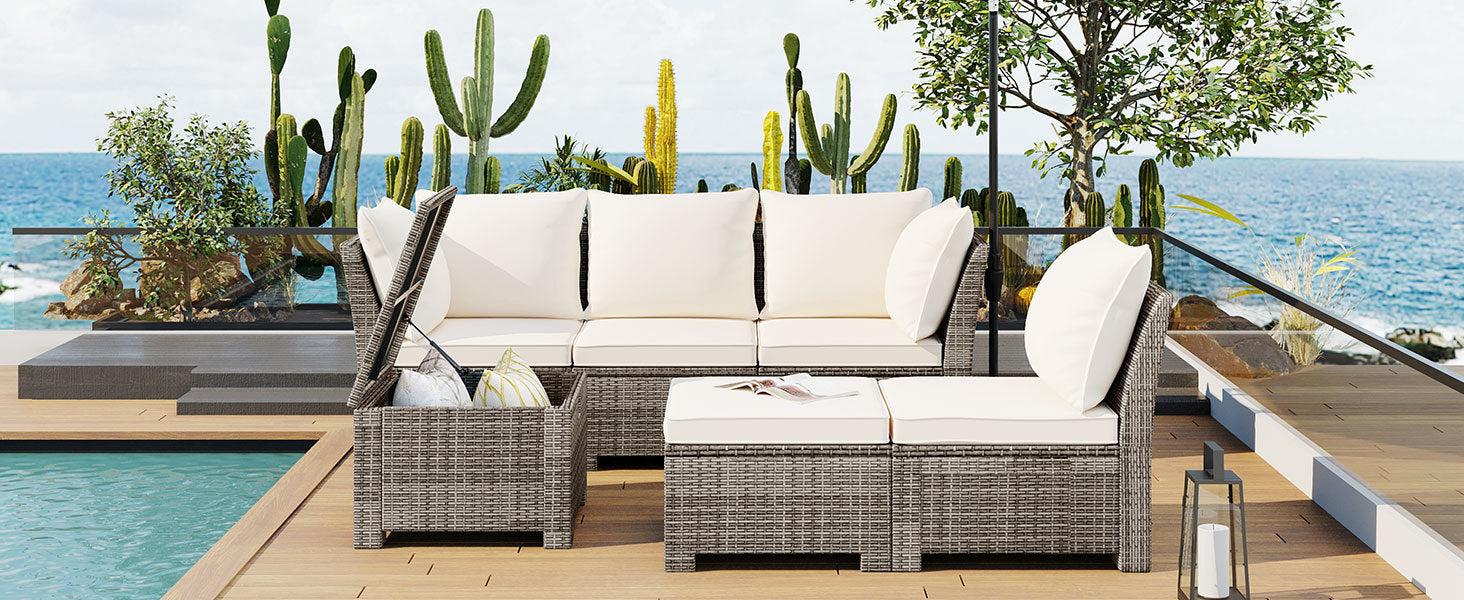 6 PCS Outdoor Wicker Rattan Arrangeable Sofa Set with Beige Cushions