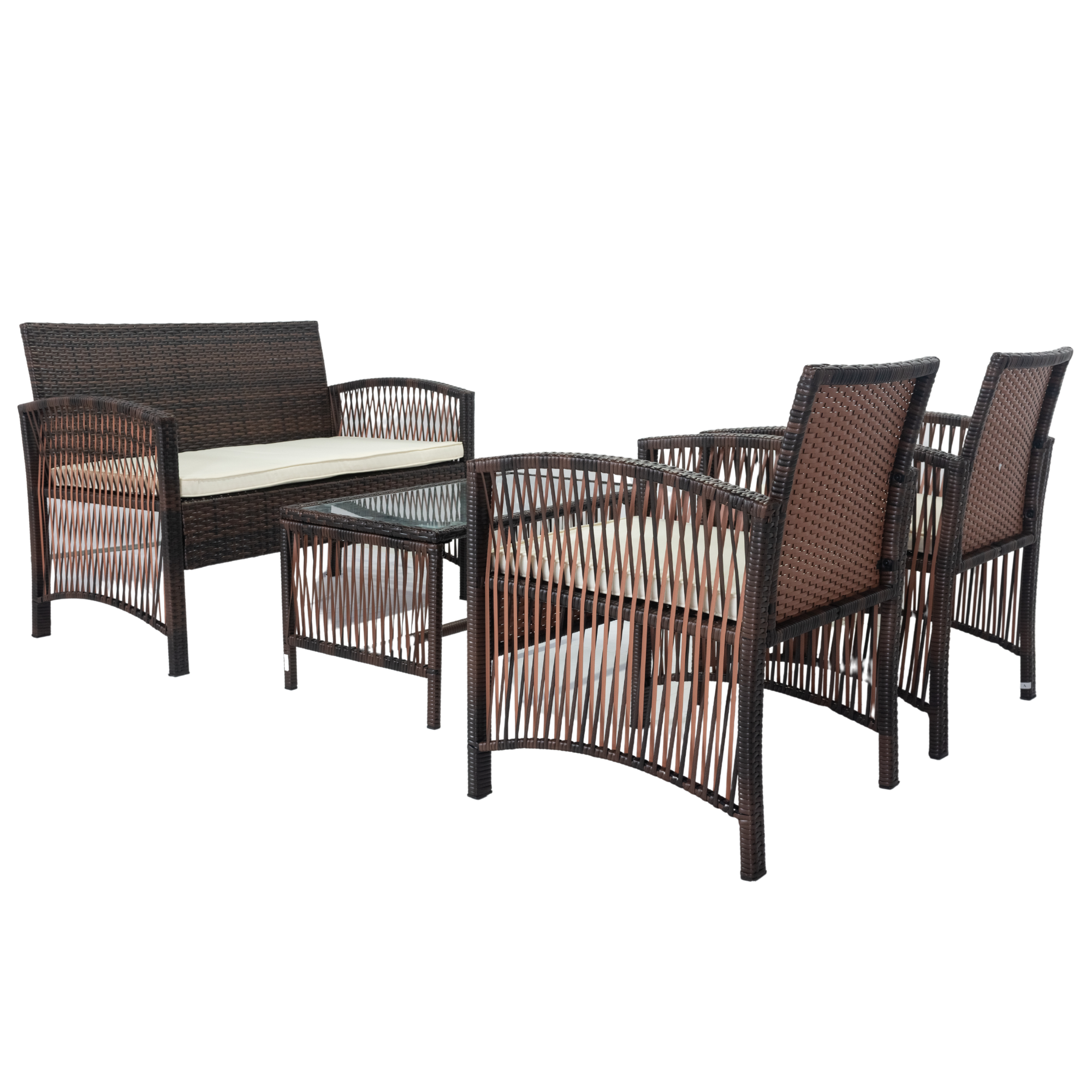 4 PCS Outdoor Patio Furniture Ratten Wicker Seating Group with Loveseat, Two Chairs, and Glass Tabletop Coffee Table