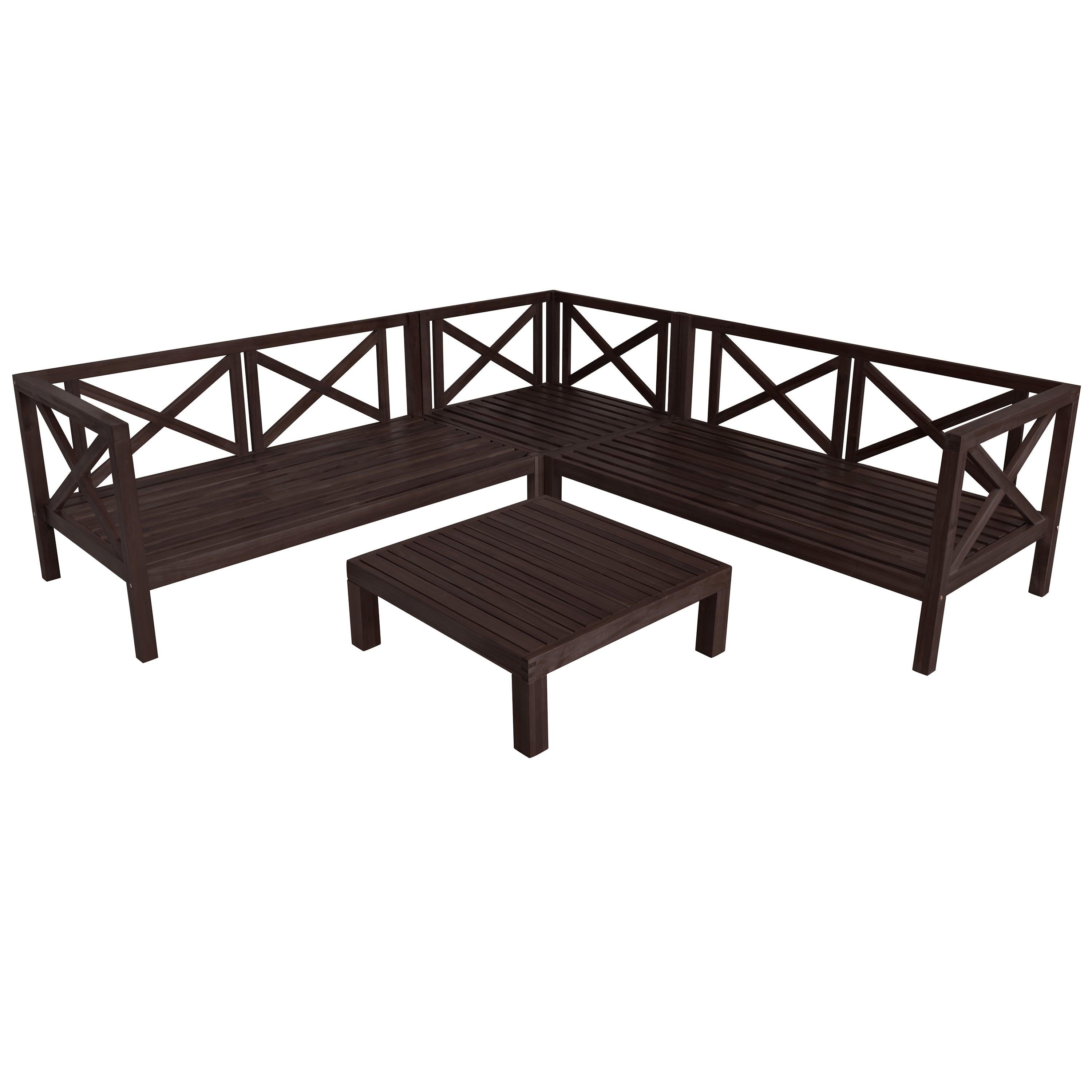 4 PCS Outdoor Patio Backyard Wood Seating Group with X-Back Sectional, Tea Table, and Beige Cushions