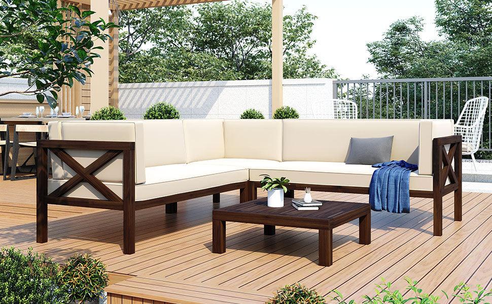 4 PCS Outdoor Patio Backyard Wood Seating Group with X-Back Sectional, Tea Table, and Beige Cushions