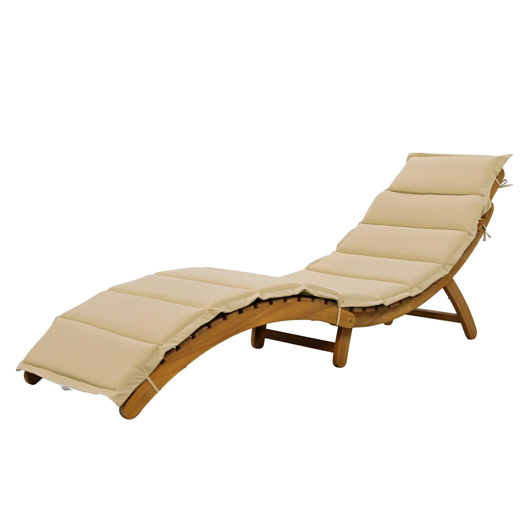 Outdoor Patio Wood Portable Extended Chaise Lounge Set with Foldable Tea Table and Brown Cushions