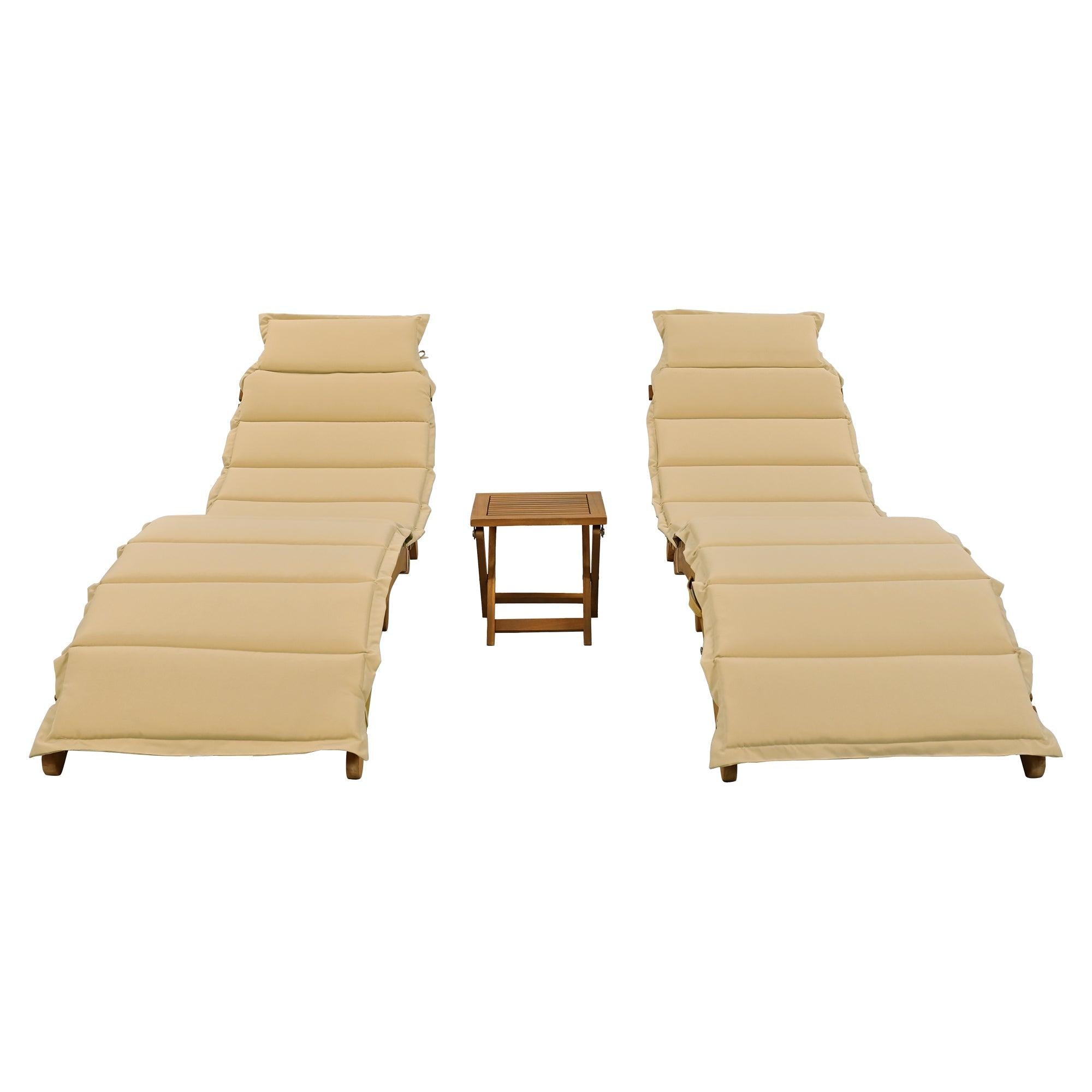 Outdoor Patio Wood Portable Extended Chaise Lounge Set with Foldable Tea Table and Brown Cushions