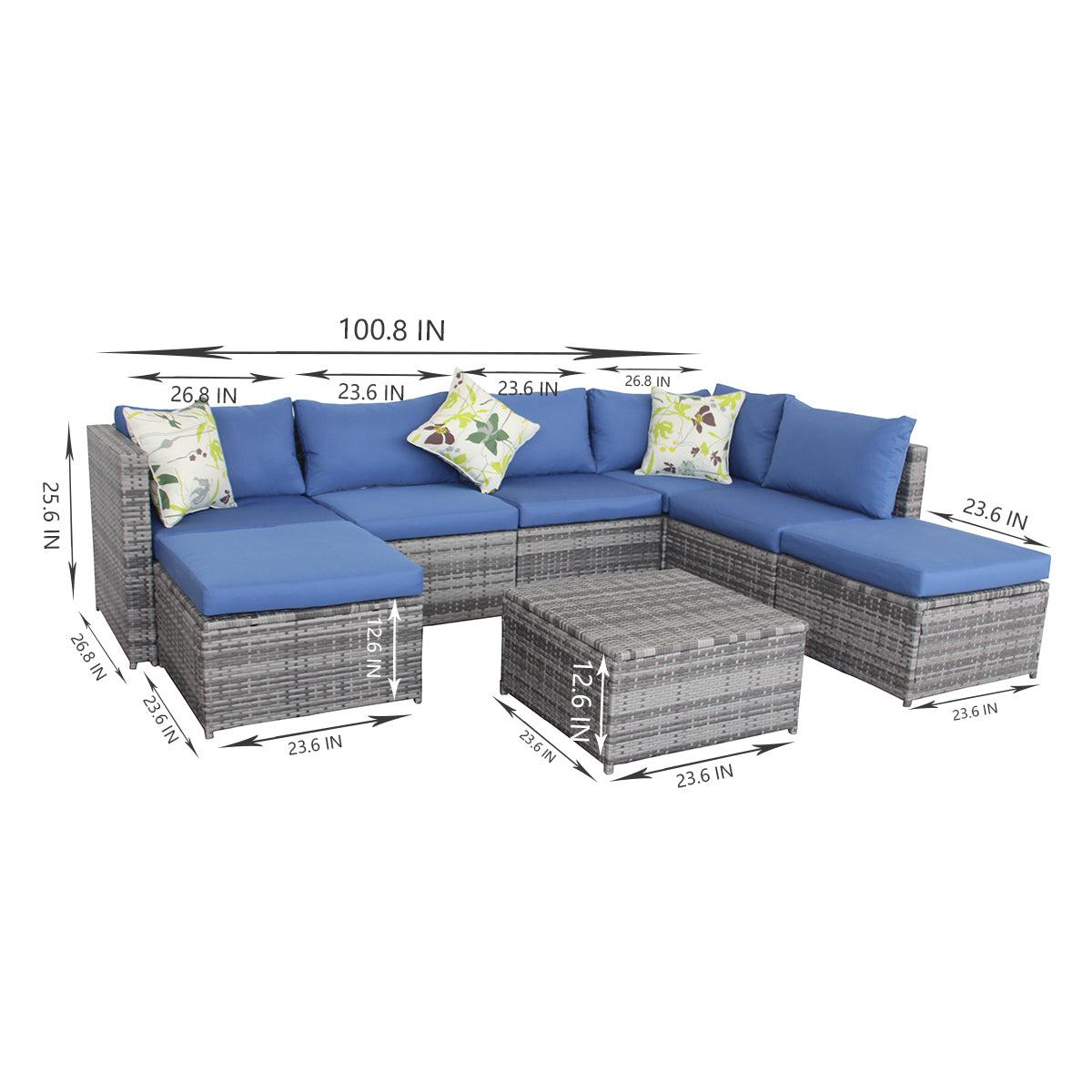 Outdoor Sectional Wicker Rattan Sofa Set with Blue Cushions