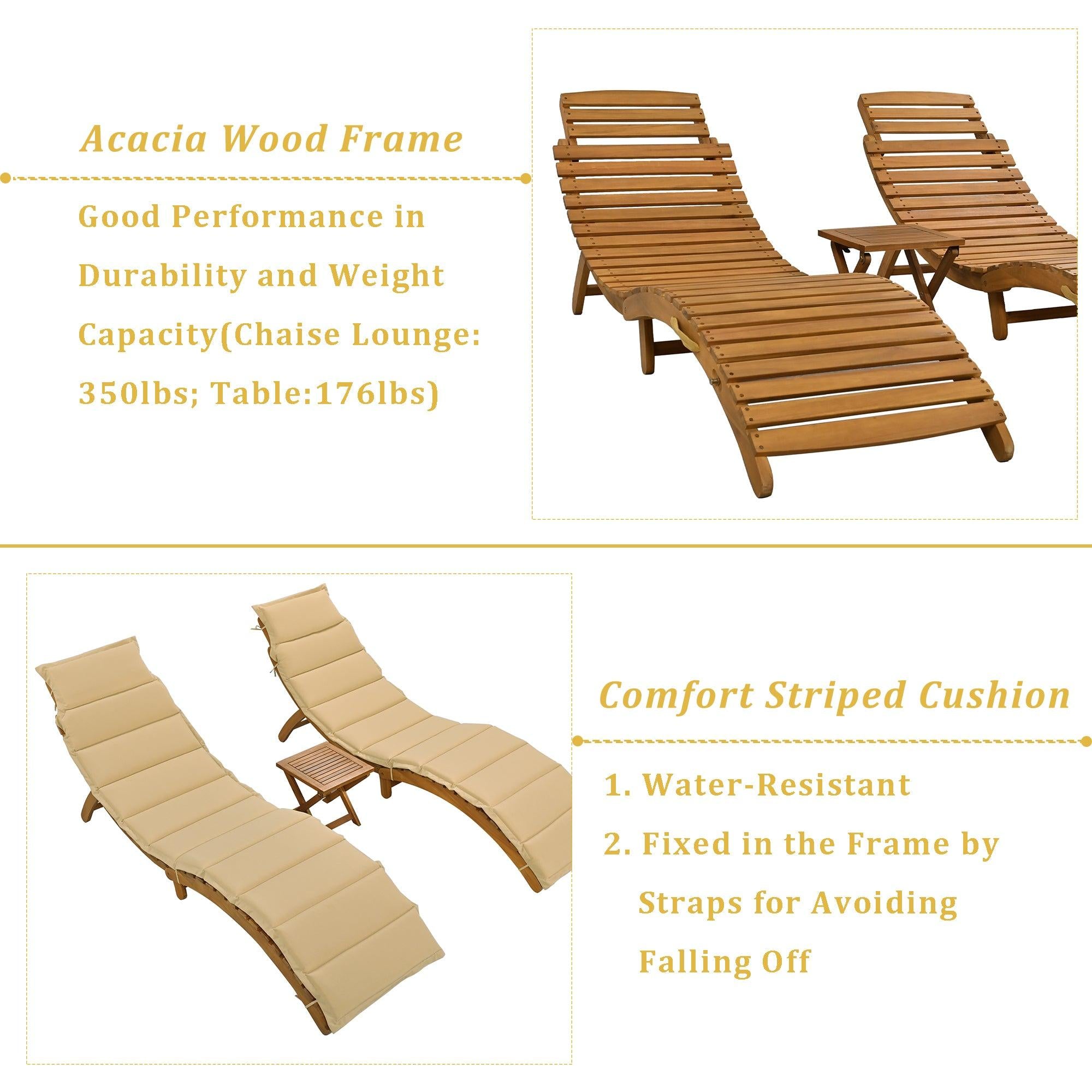 Outdoor Patio Wood Portable Extended Chaise Lounge Set with Foldable Tea Table and Brown Cushions