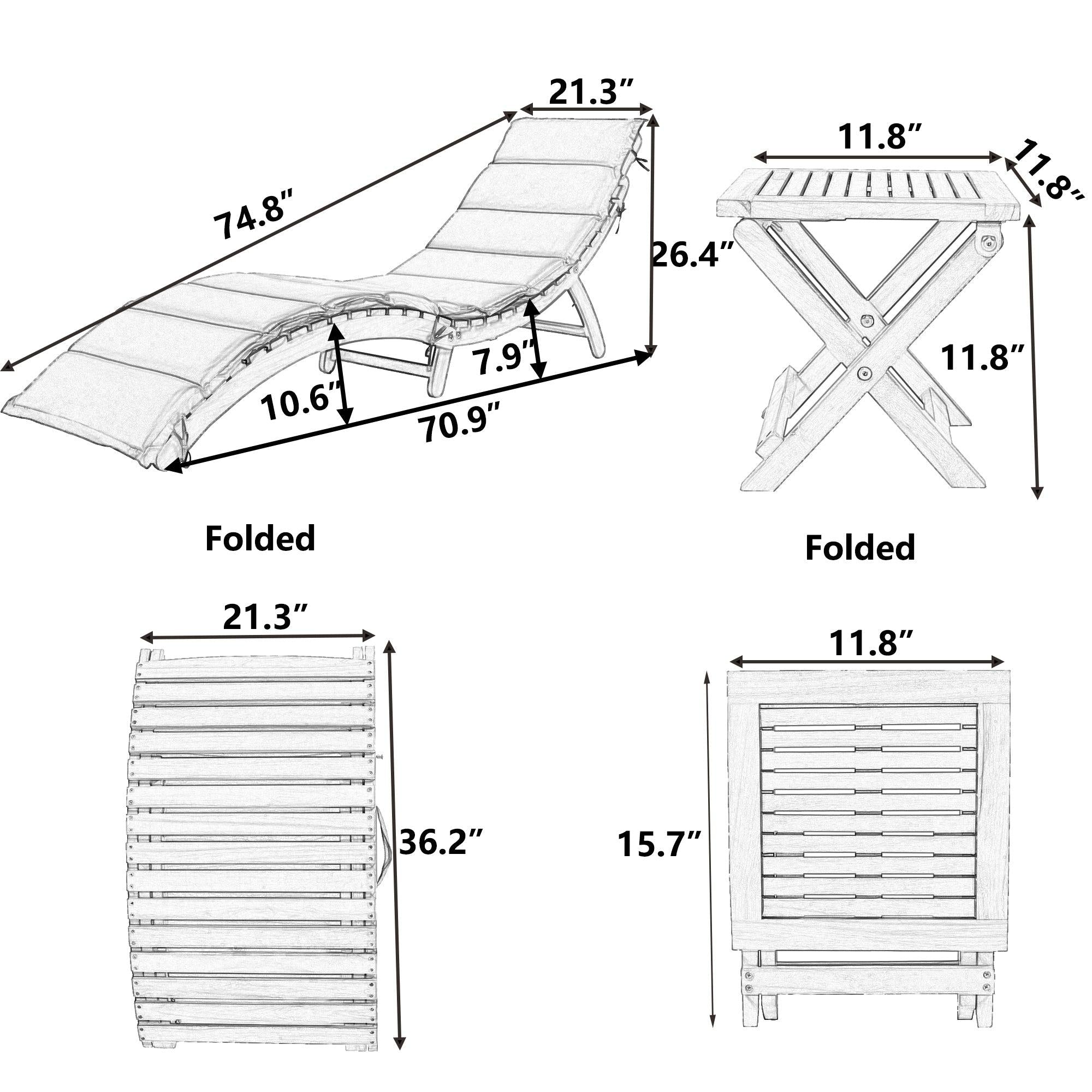 Outdoor Patio Wood Portable Extended Chaise Lounge Set with Foldable Tea Table and Dark Gray Cushions