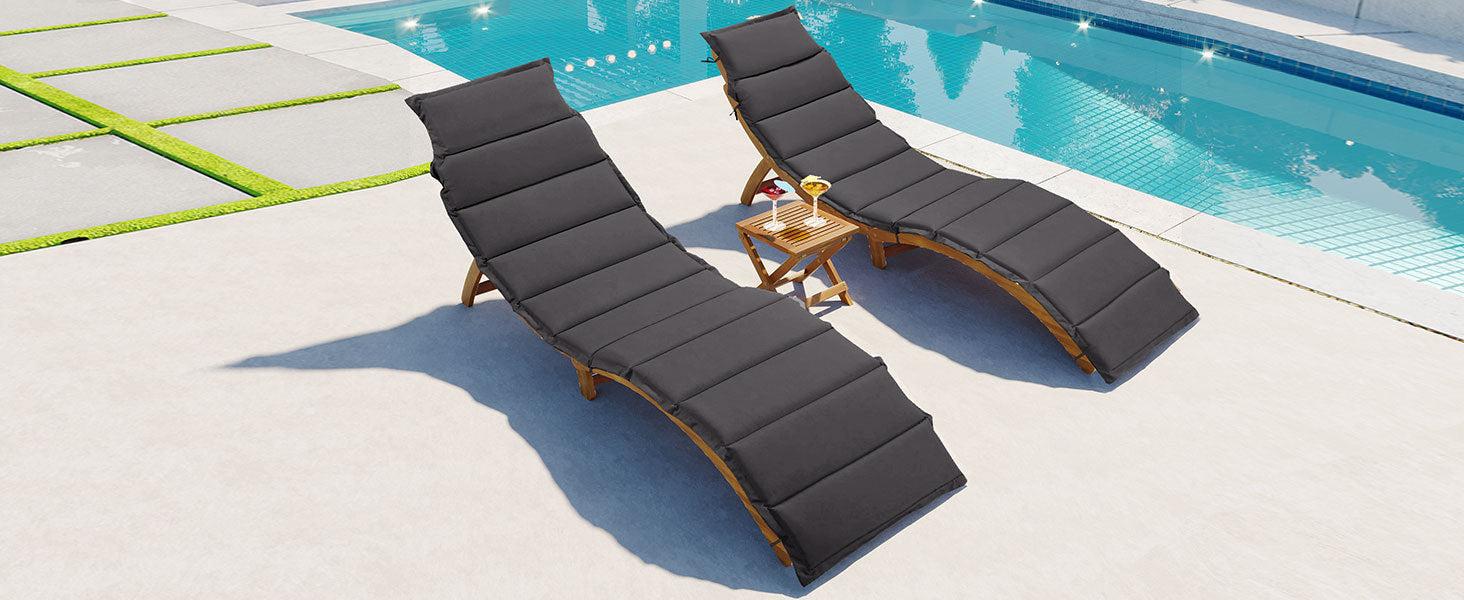 Outdoor Patio Wood Portable Extended Chaise Lounge Set with Foldable Tea Table and Dark Gray Cushions