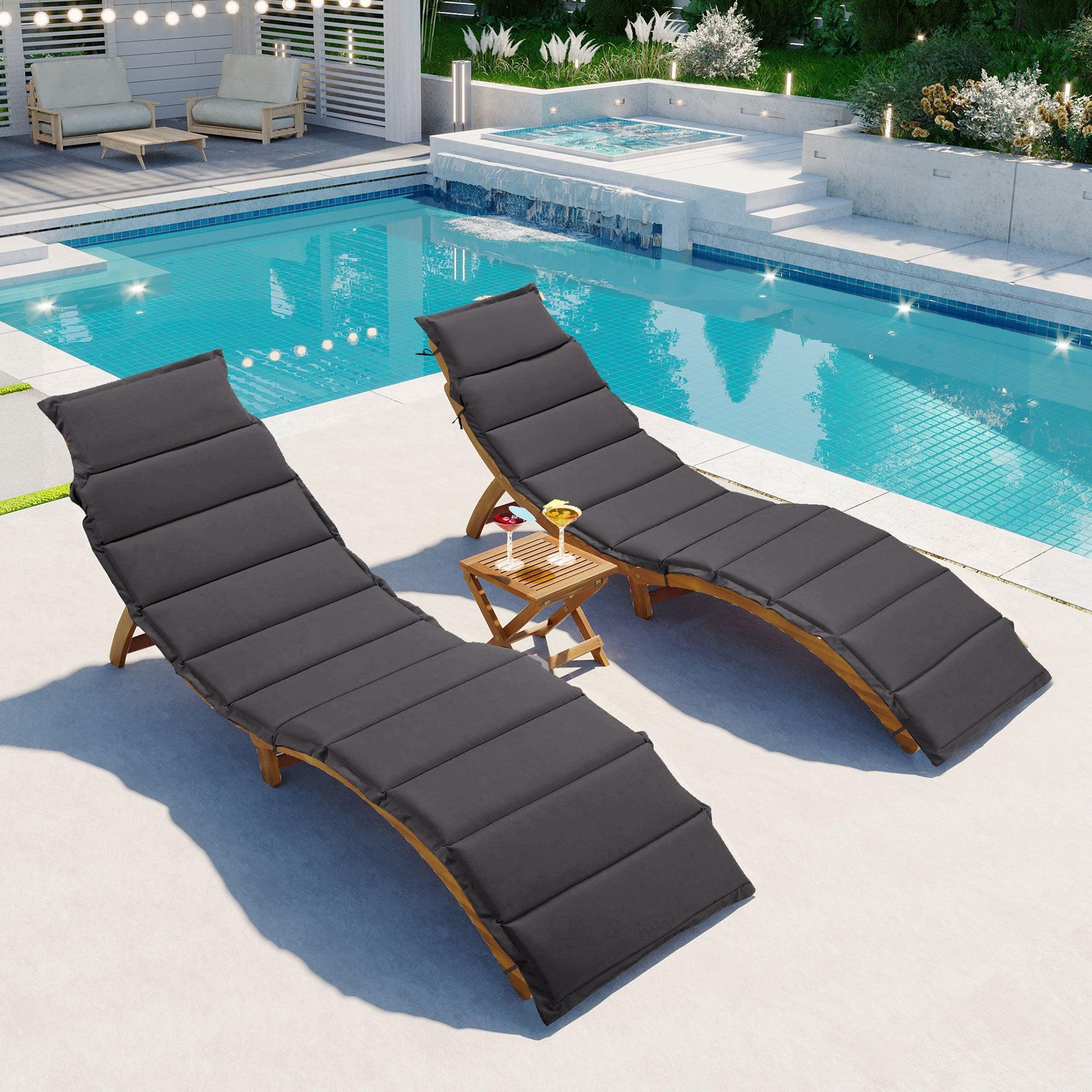 Outdoor Patio Wood Portable Extended Chaise Lounge Set with Foldable Tea Table and Dark Gray Cushions