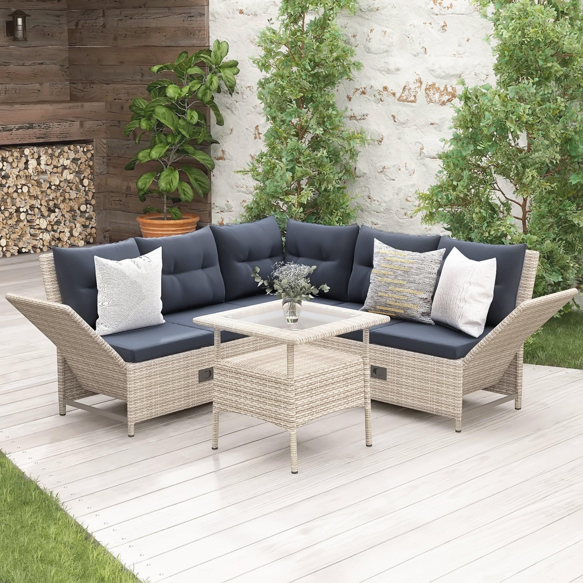 4 PCS Outdoor Patio All Weather PE Wicker Rattan Lsectional - Beige Rattan and Gray Cushions