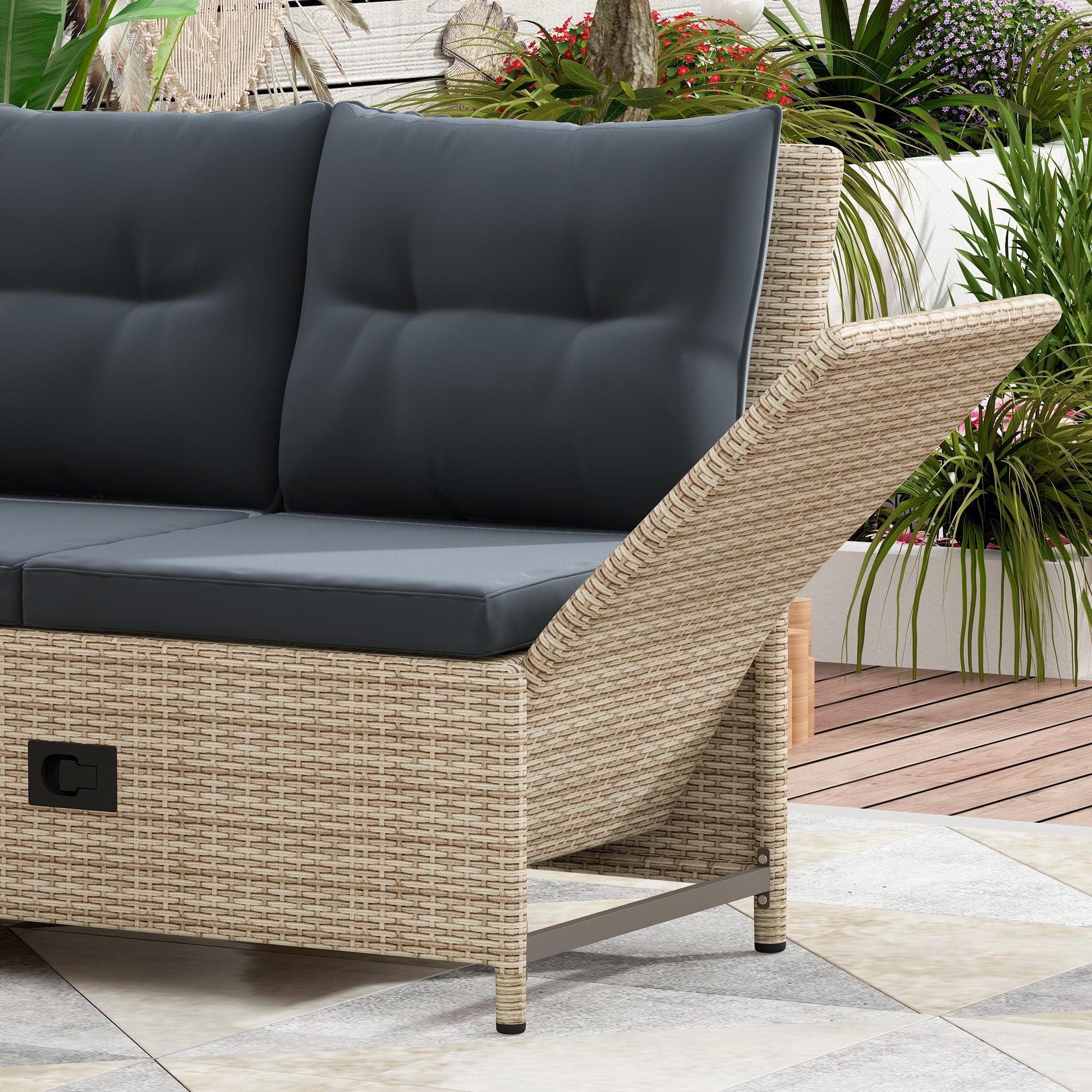 4 PCS Outdoor Patio All Weather PE Wicker Rattan Lsectional - Beige Rattan and Gray Cushions