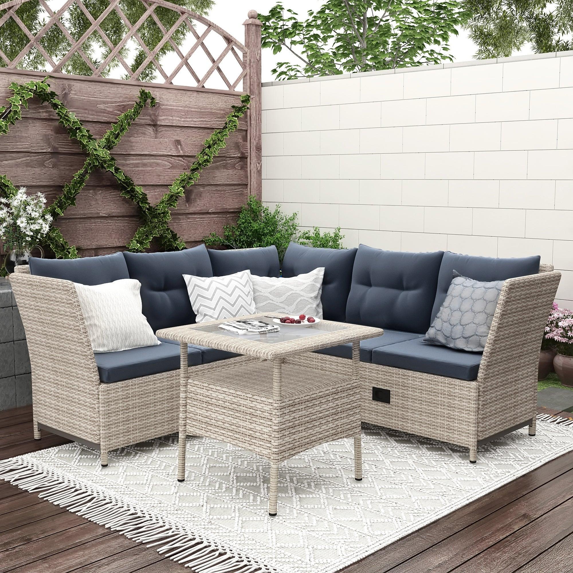 4 PCS Outdoor Patio All Weather PE Wicker Rattan Lsectional - Beige Rattan and Gray Cushions