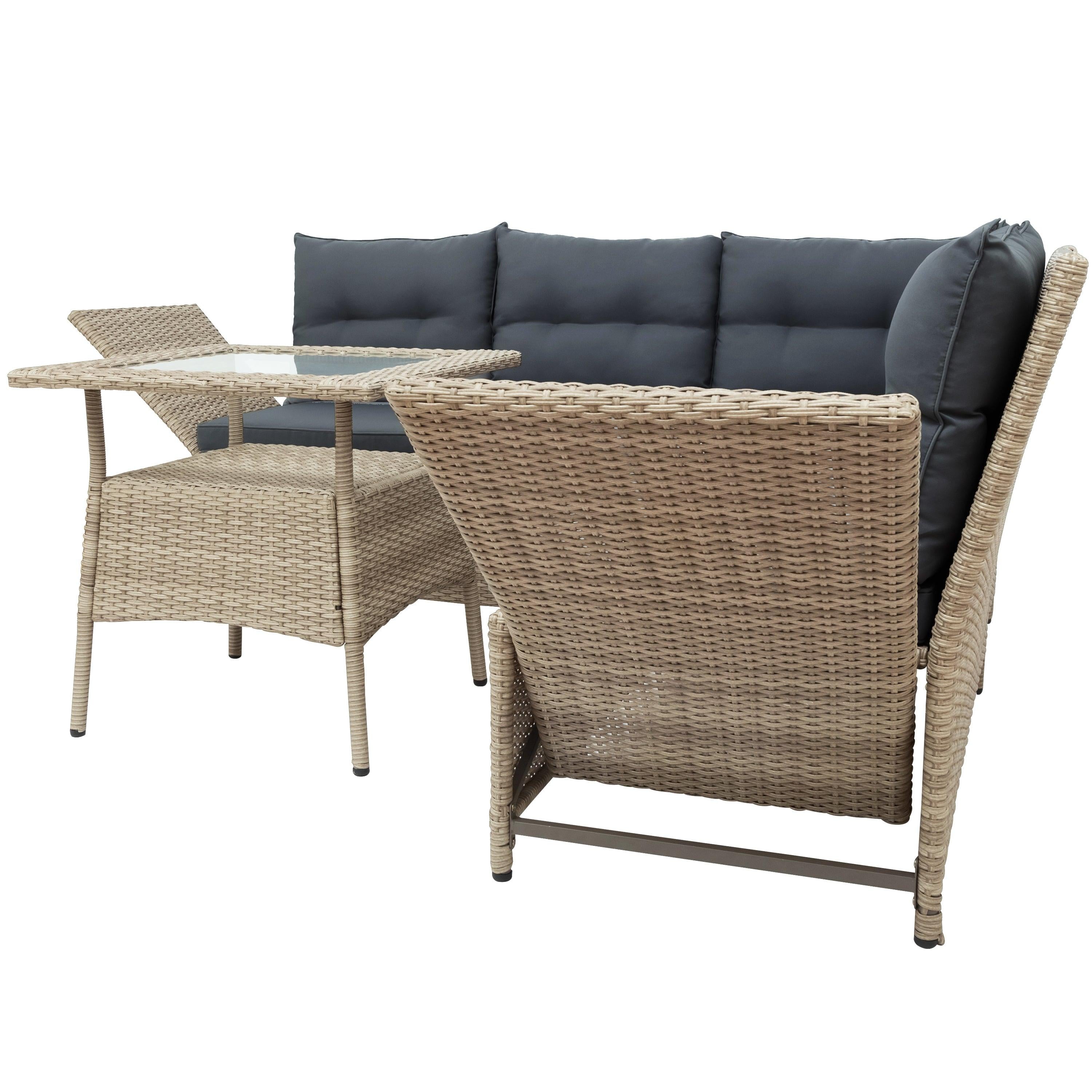 4 PCS Outdoor Patio All Weather PE Wicker Rattan Lsectional - Beige Rattan and Gray Cushions