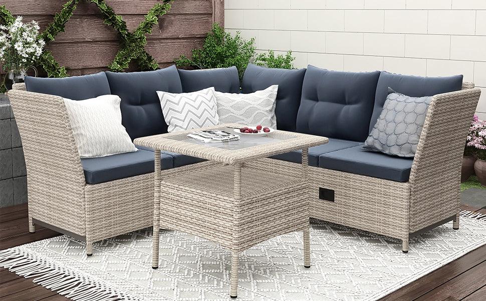 4 PCS Outdoor Patio All Weather PE Wicker Rattan Lsectional - Beige Rattan and Gray Cushions