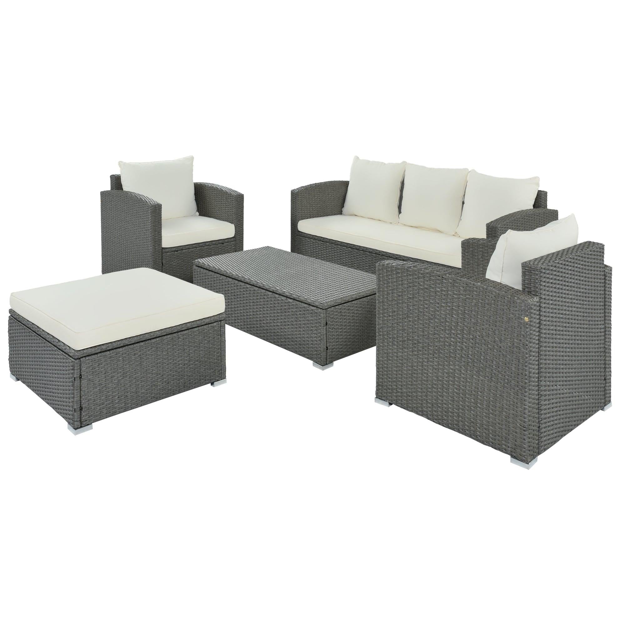 5 PCS Outdoor PatioAll-Weather PE Wicker Rattan Sectional Sofa Set with Multifunctional Table and Ottoman